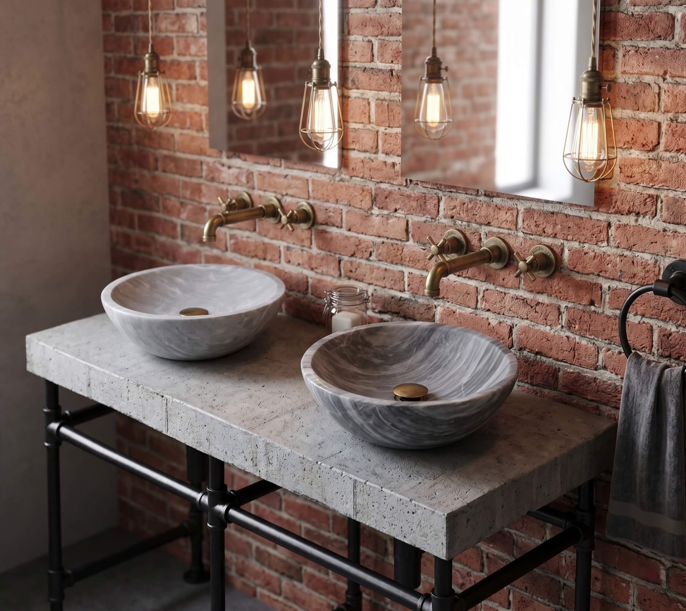 Two Carrara gray marble round vessel sinks on a concrete slab countertop with black iron pipe frame vanity, set against exposed red brick wall in an industrial loft bathroom, antique brass wall-mounted cross-handle faucets, Edison cage pendant lights overhead.