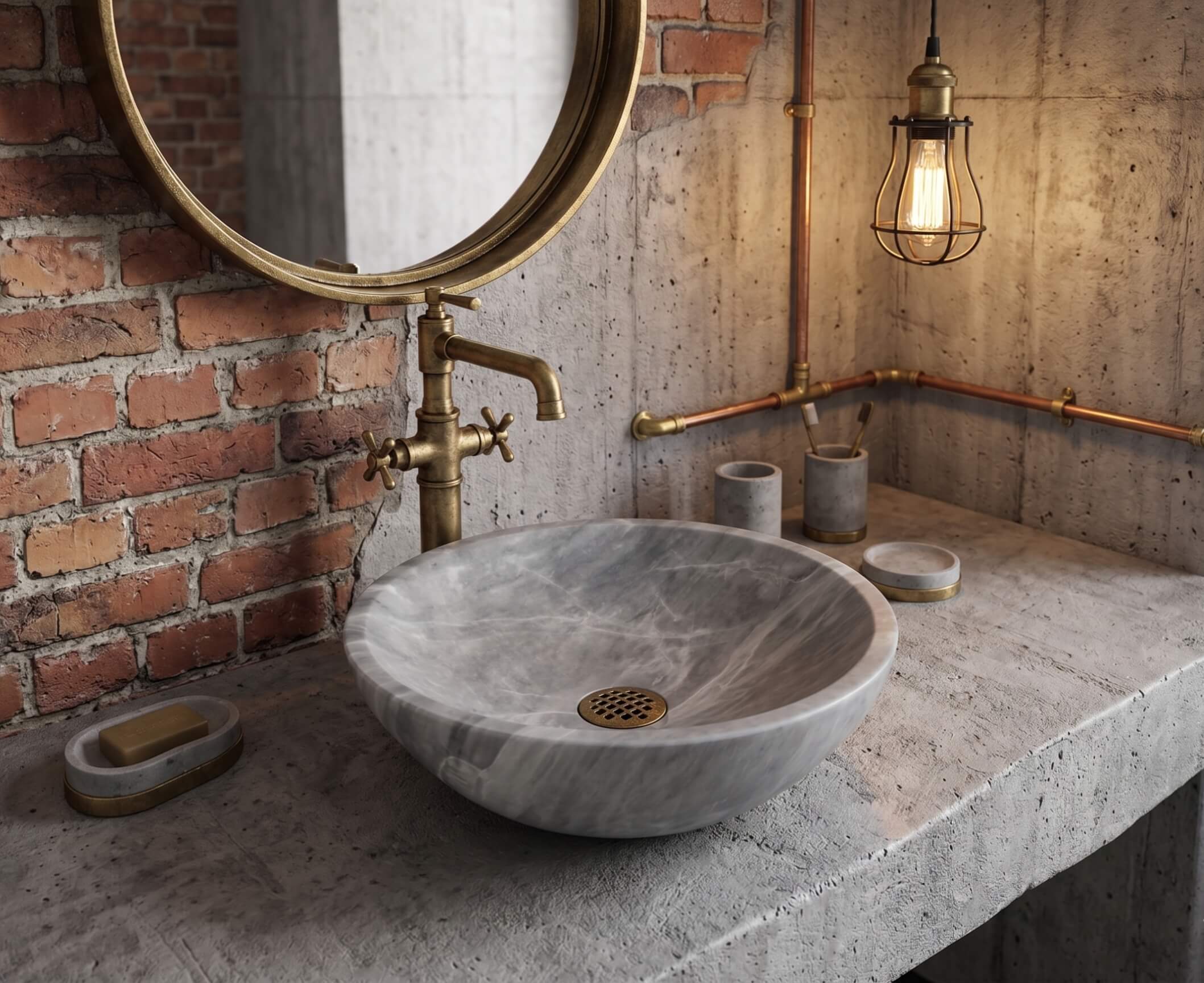 Carrara gray marble round vessel sink with decorative grid drain strainer on poured concrete countertop, antique brass bridge faucet with cross handles, exposed red brick and concrete walls with copper plumbing pipes, caged Edison pendant light, matching marble and brass soap dish set.