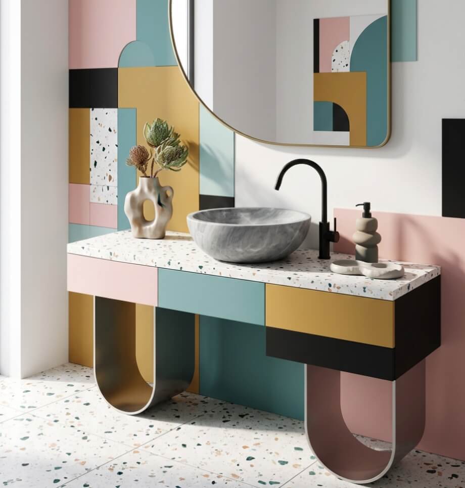 Carrara gray marble round vessel sink as a neutral focal point on a terrazzo countertop in a Memphis-style postmodern bathroom, color-block vanity in pink, mustard yellow, teal and black, matte black gooseneck faucet, arched brass mirror, geometric collage wall, terrazzo flooring.