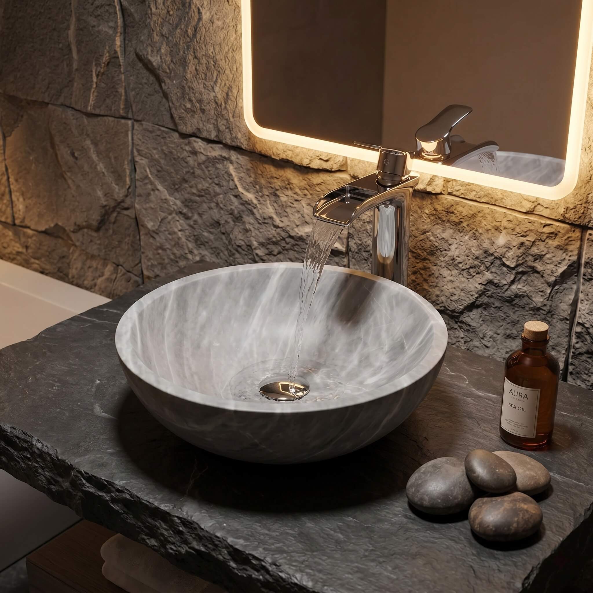 Carrara gray marble round vessel sink in active use on raw-edge black slate countertop, water flowing from a polished chrome waterfall faucet, set against a stacked split-face stone wall in a modern spa bathroom, backlit LED mirror, amber spa oil bottle and river stones styled alongside.