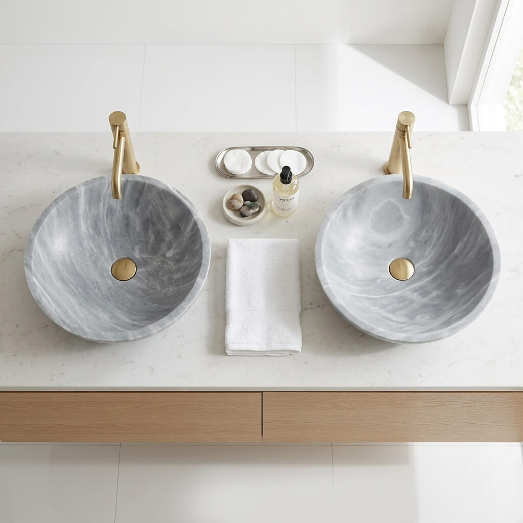 Overhead view of two Carrara gray marble round vessel sinks on a white quartz countertop with subtle gray veining over a floating oak vanity, brushed gold modern curved faucets, amber glass dispenser and oval tray with cotton rounds and river stones styled between sinks, hotel-suite aesthetic.