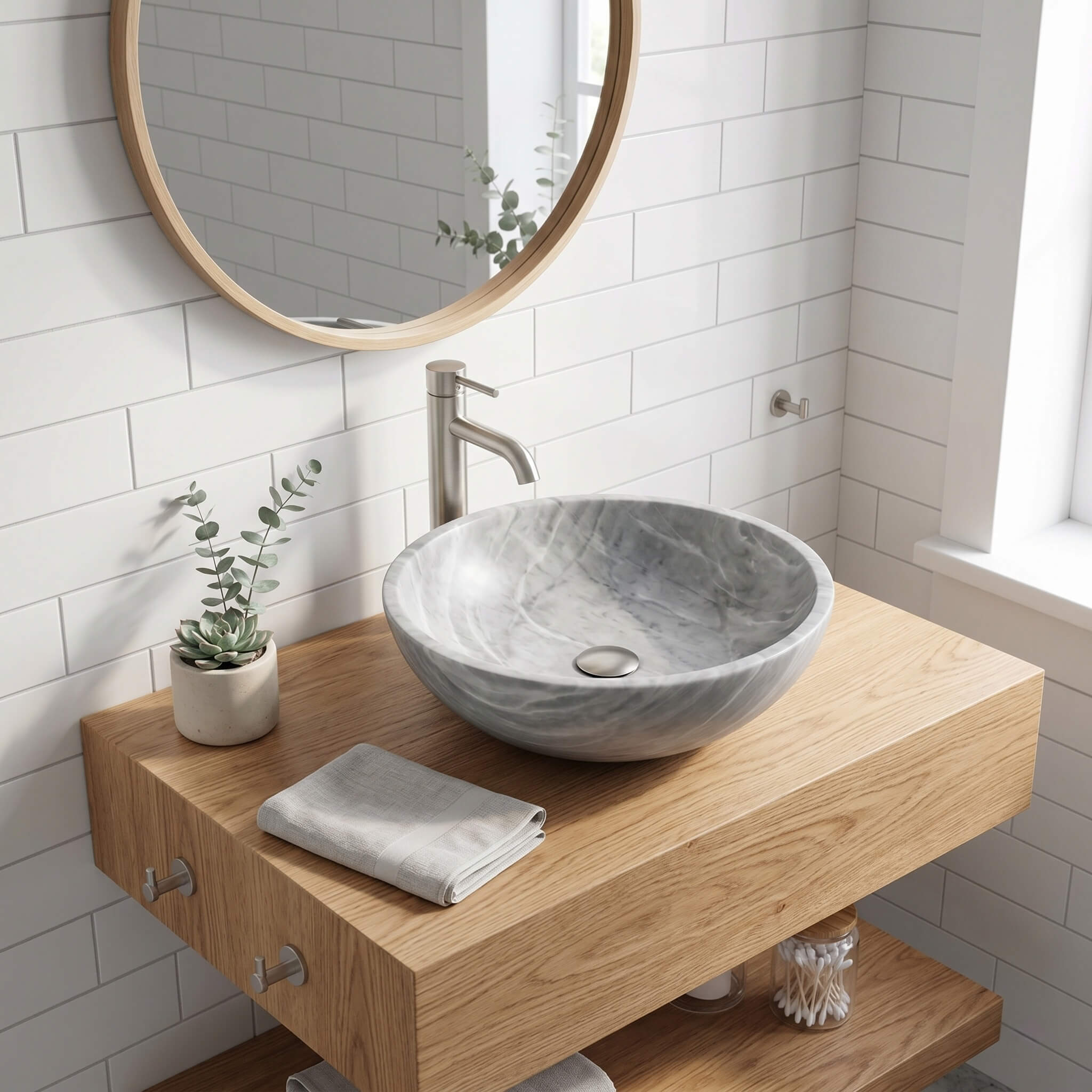 Carrara gray marble round vessel sink on a thick oak floating shelf with built-in storage below, white subway tile backsplash, round oak-framed mirror, brushed nickel tall faucet, succulent and eucalyptus accents in a bright Scandinavian-cottage bathroom.