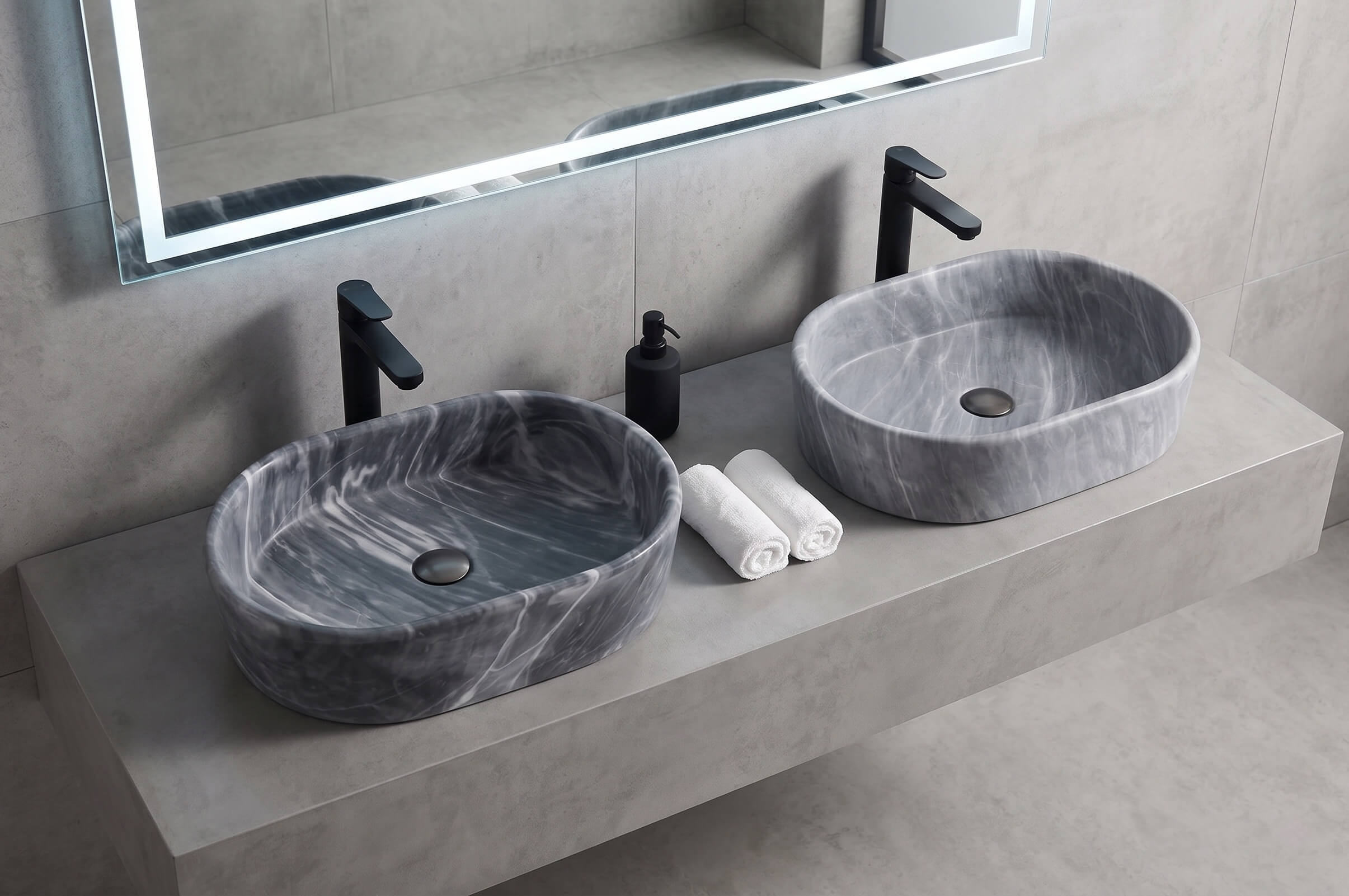 Two Carrara gray marble vessel sinks on concrete-look vanity with matte black faucets and LED-lit mirror.