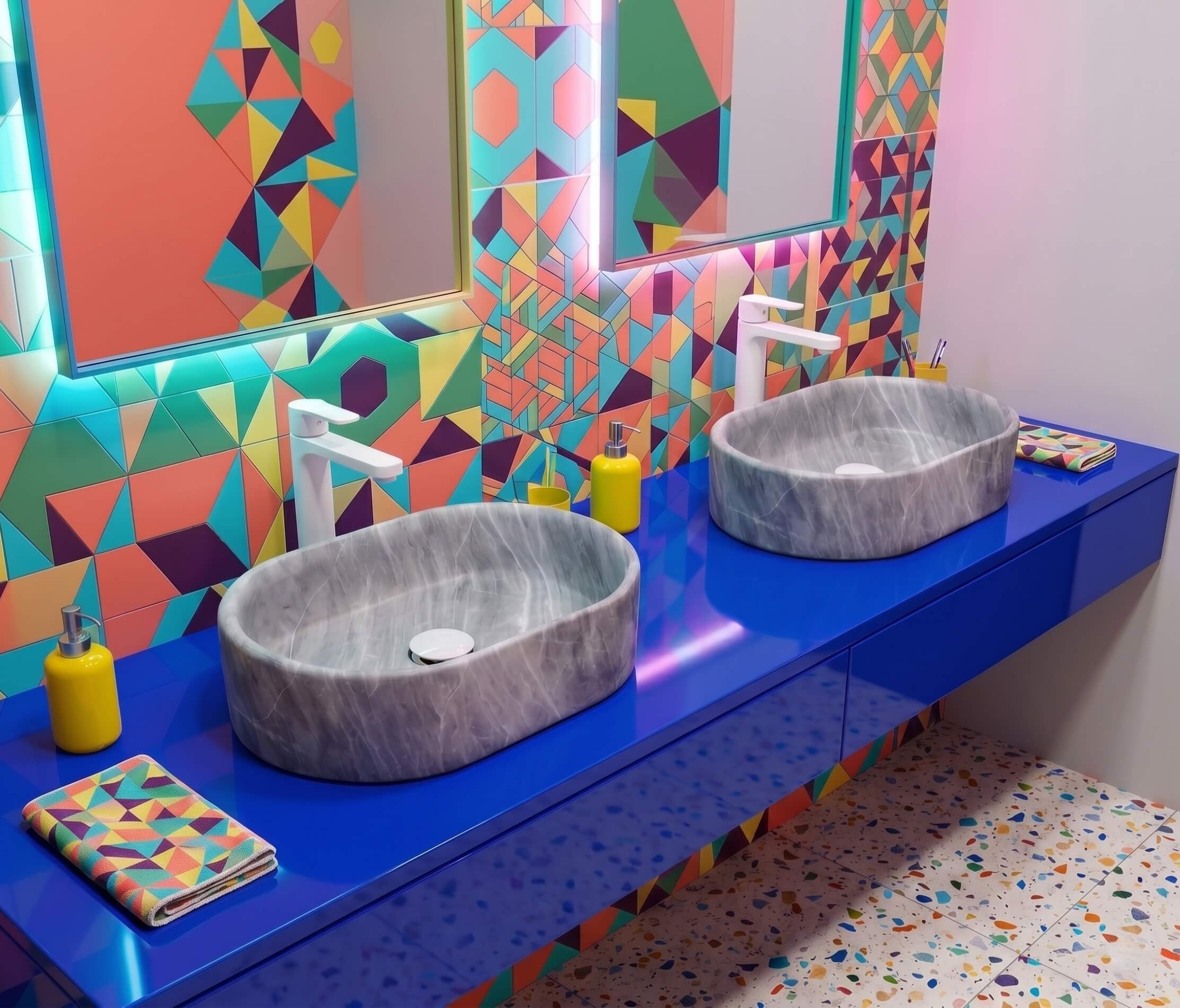 Two Carrara gray marble vessel sinks on cobalt blue vanity with colorful geometric tile and terrazzo floor.