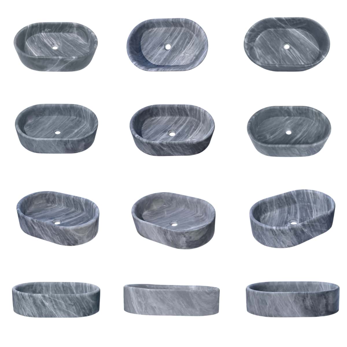 Twelve units of oval Carrara gray marble vessel sink displayed in grid, illustrating natural veining variations inherent to 100% authentic marble &mdash; no two pieces identical.