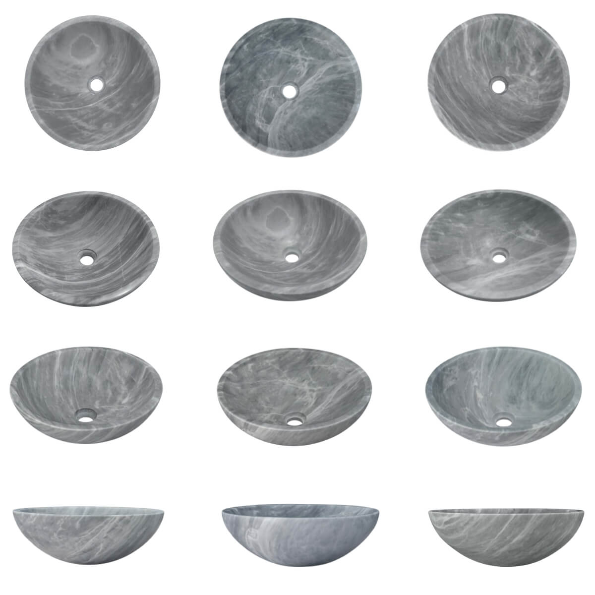 Twelve units of round Carrara gray marble vessel sink displayed in grid, illustrating natural veining variations inherent to 100% authentic marble &mdash; no two pieces identical.