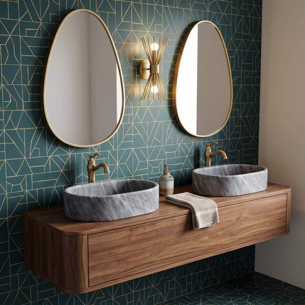 Oval Carrara gray marble vessel sinks on floating walnut vanity against teal geometric tile with brass mid-century faucets.