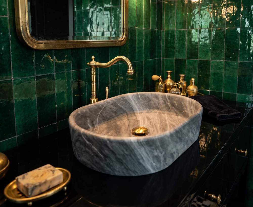 Oval Carrara gray marble vessel sink on black counter against emerald zellige tile wall with brass victorian faucet.