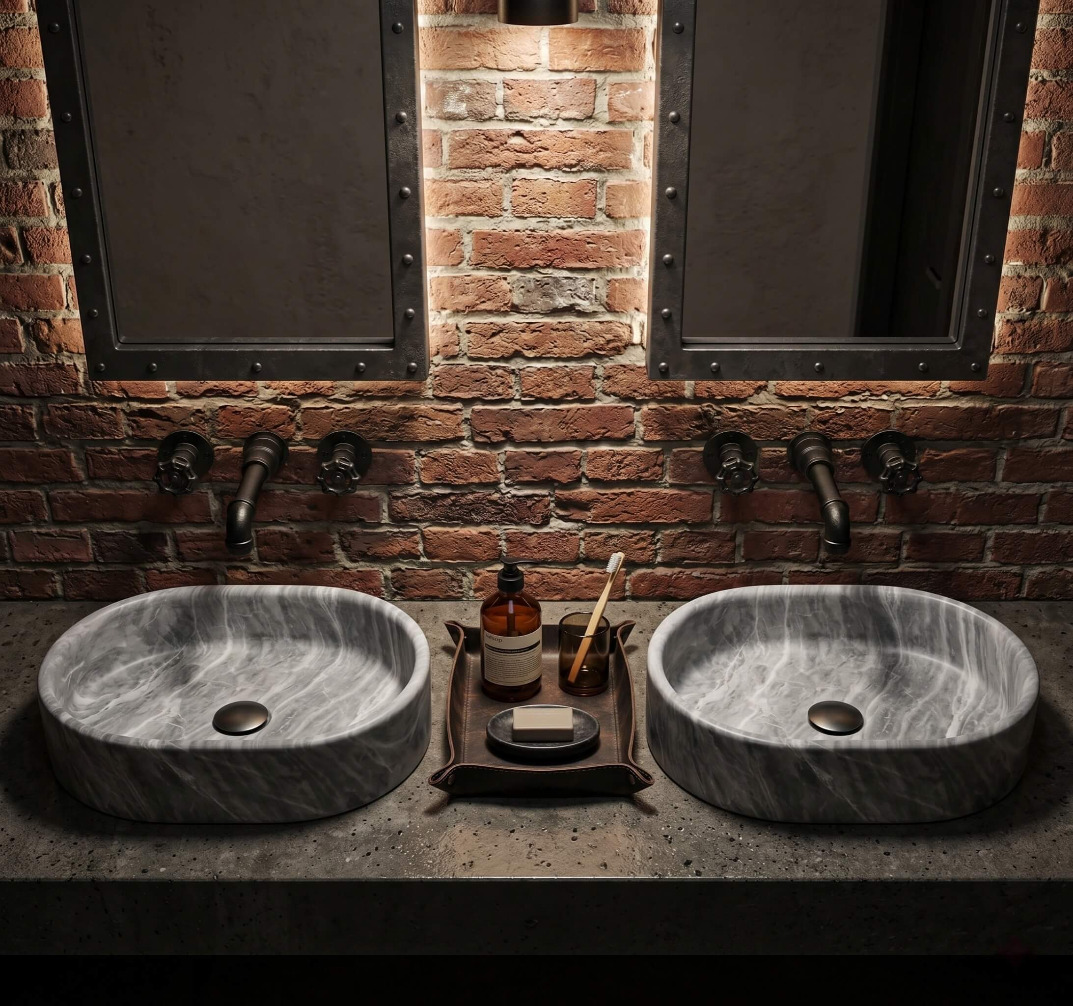 Pair of oval Carrara gray marble vessel sinks on concrete countertop against exposed red brick wall with black pipe faucets.