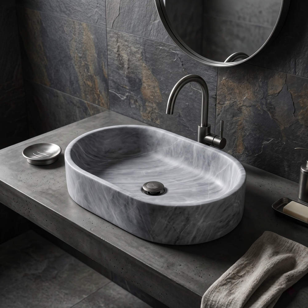 Oval Carrara gray marble vessel sink on concrete counter against dark slate stone tile wall with gunmetal gooseneck faucet.