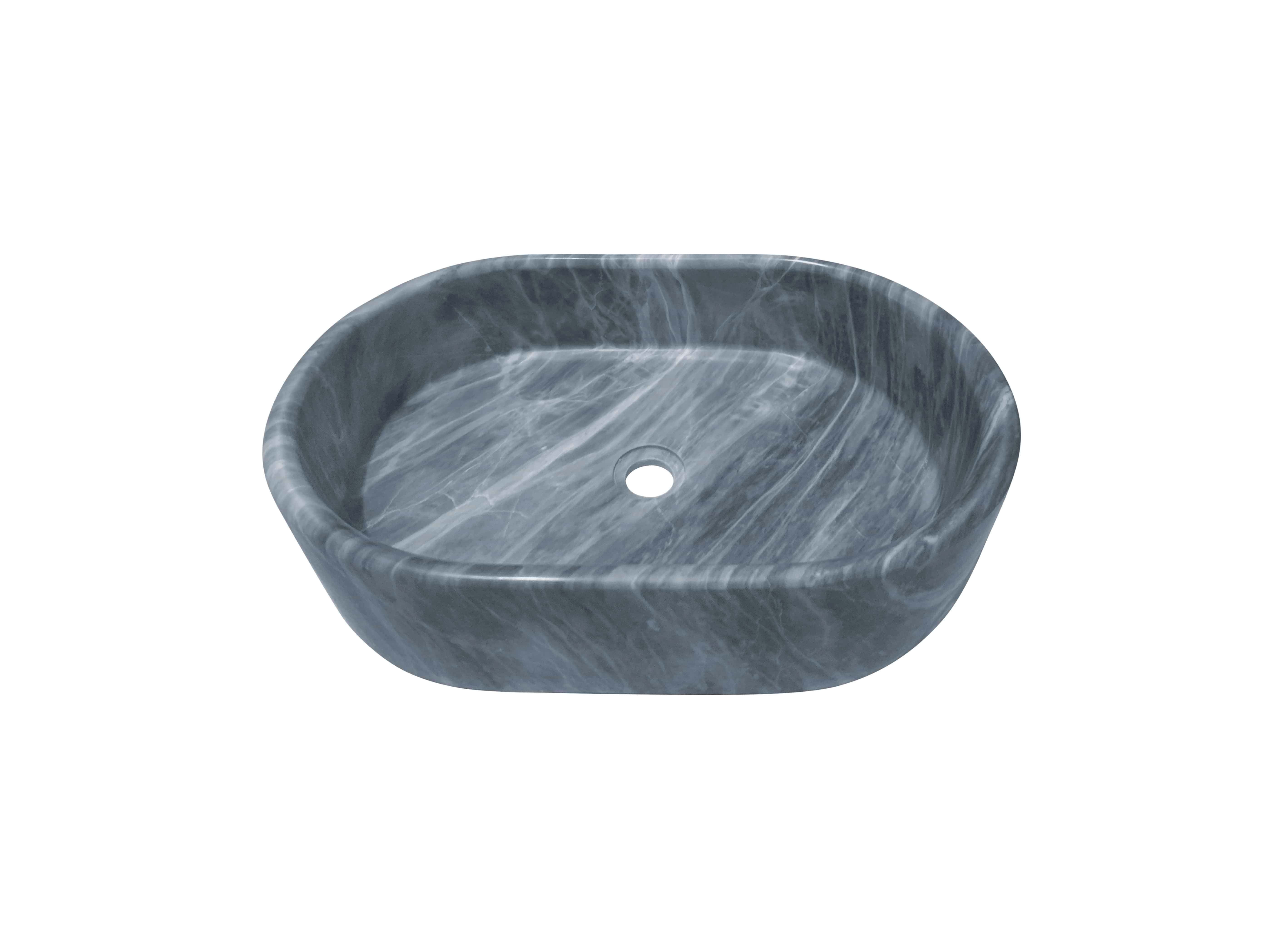 Interior overview of oval Carrara gray marble vessel sink showing diagonal veining pattern, central drain hole, and uniform honed finish across basin floor.