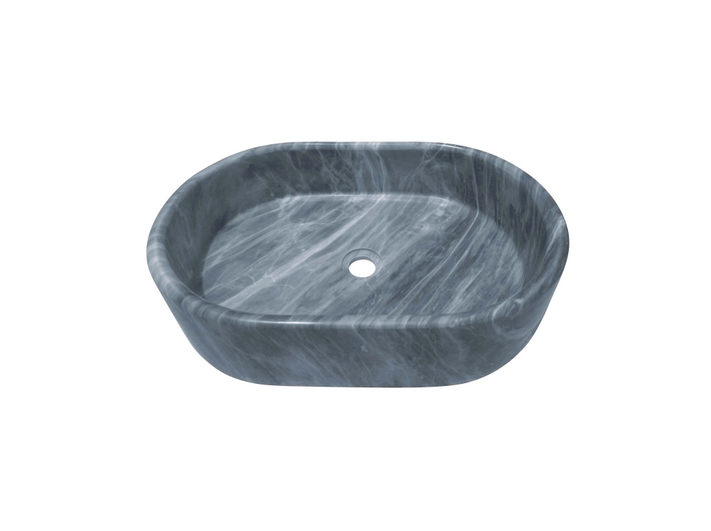 Interior overview of oval Carrara gray marble vessel sink showing diagonal veining pattern, central drain hole, and uniform honed finish across basin floor.