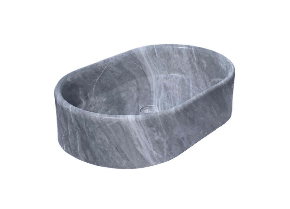 Oval Carrara gray marble vessel sink with hand-honed finish, low-angle side profile showing 150mm bowl height and continuous block-carved silhouette.