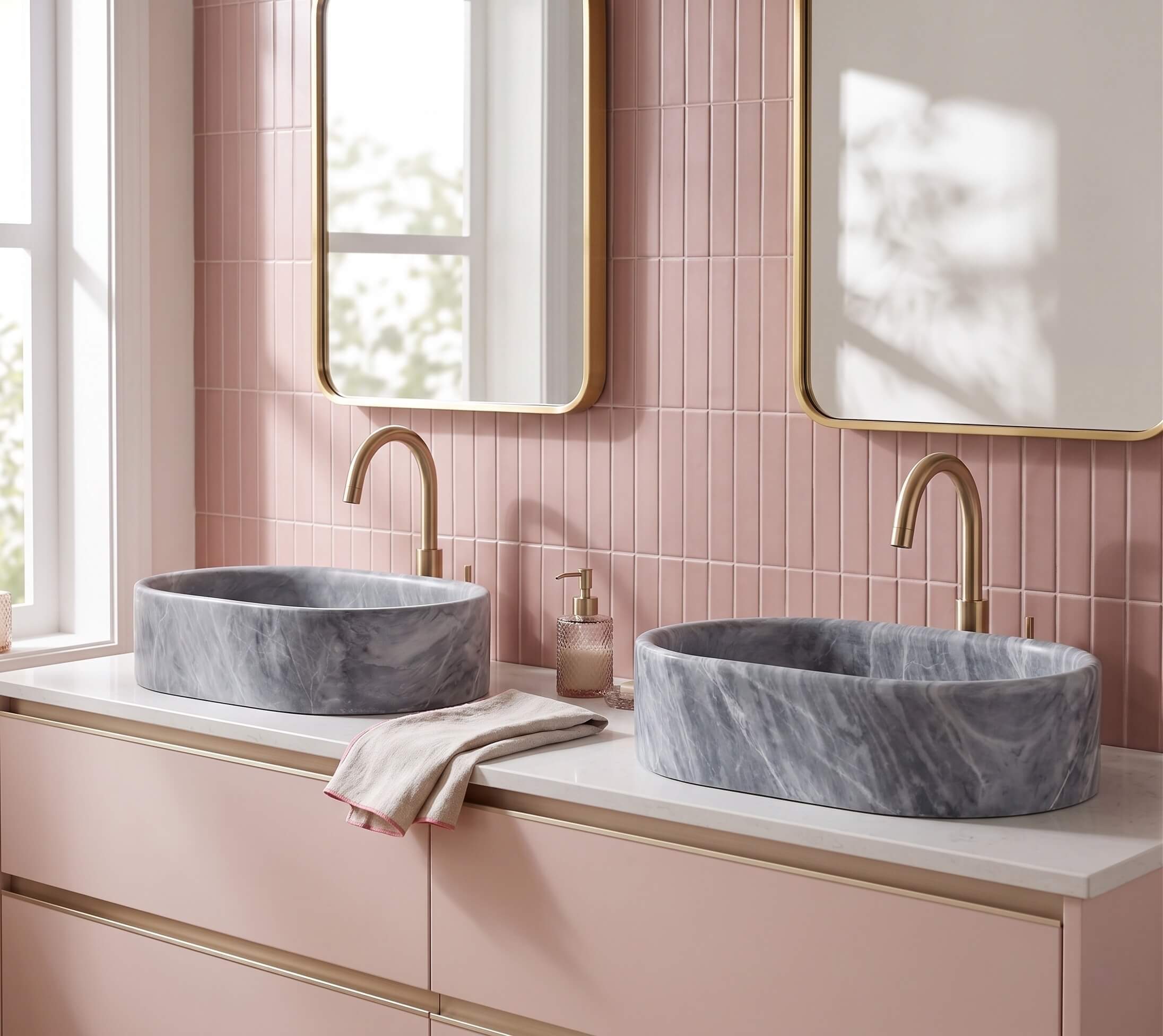 Oval Carrara gray marble vessel sinks on white quartz over a pink vanity with kit-kat tile and brass gooseneck faucets.