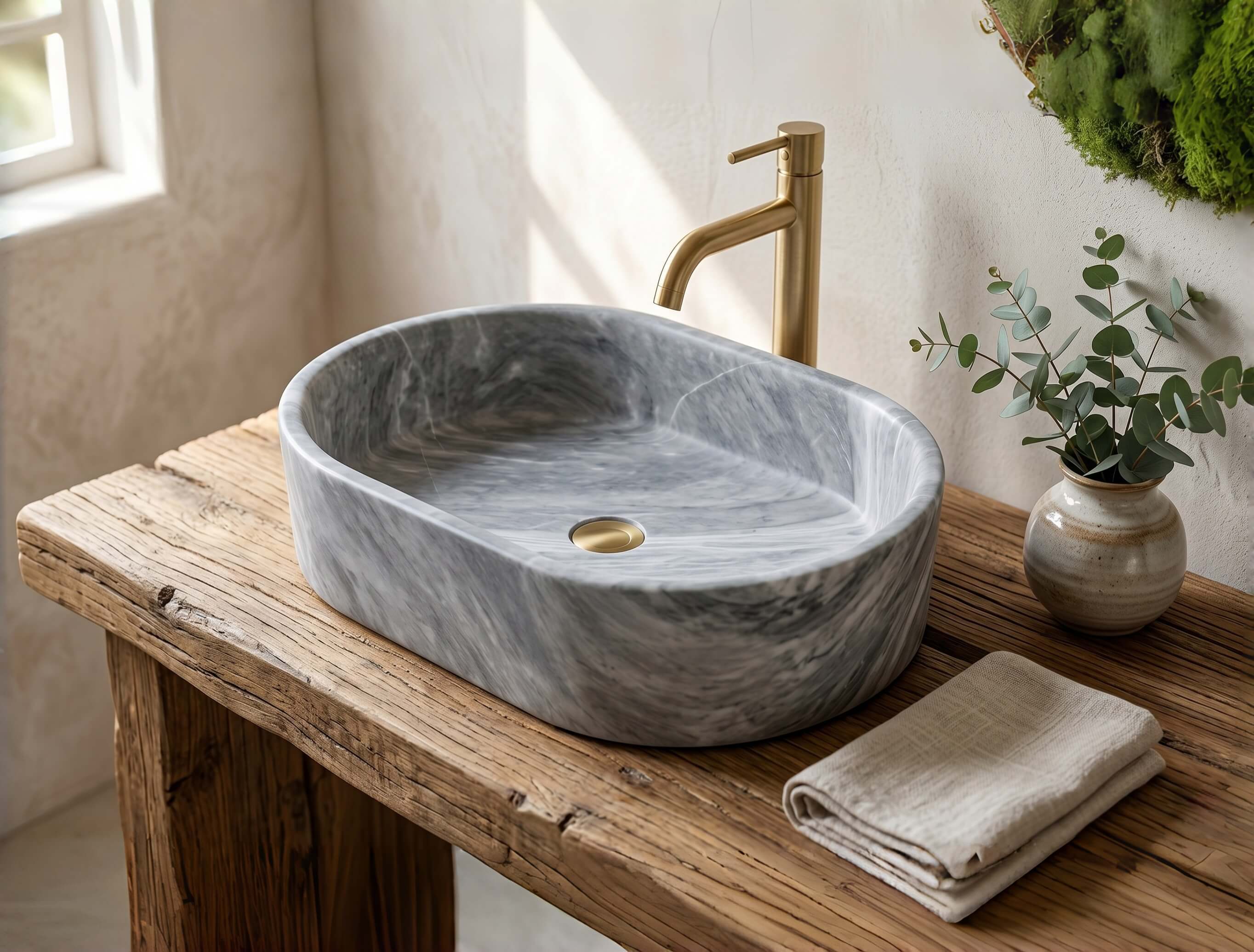 Oval Carrara gray marble vessel sink on reclaimed wood beam counter against rough plaster wall with brushed gold modern faucet.