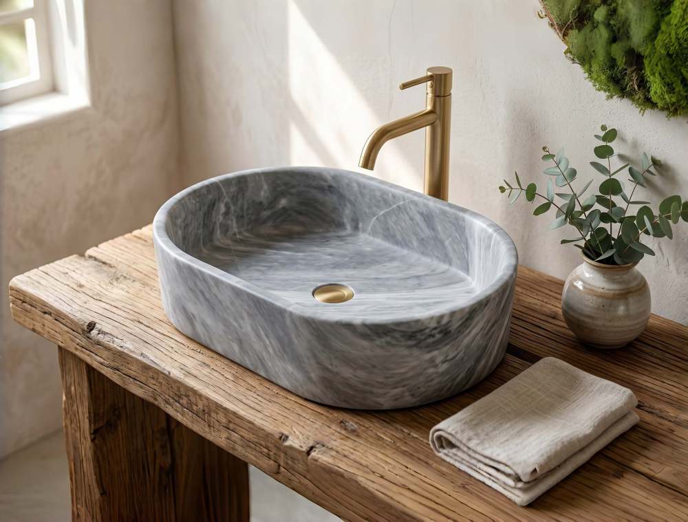 Oval Carrara gray marble vessel sink on reclaimed wood beam counter against rough plaster wall with brushed gold modern faucet.