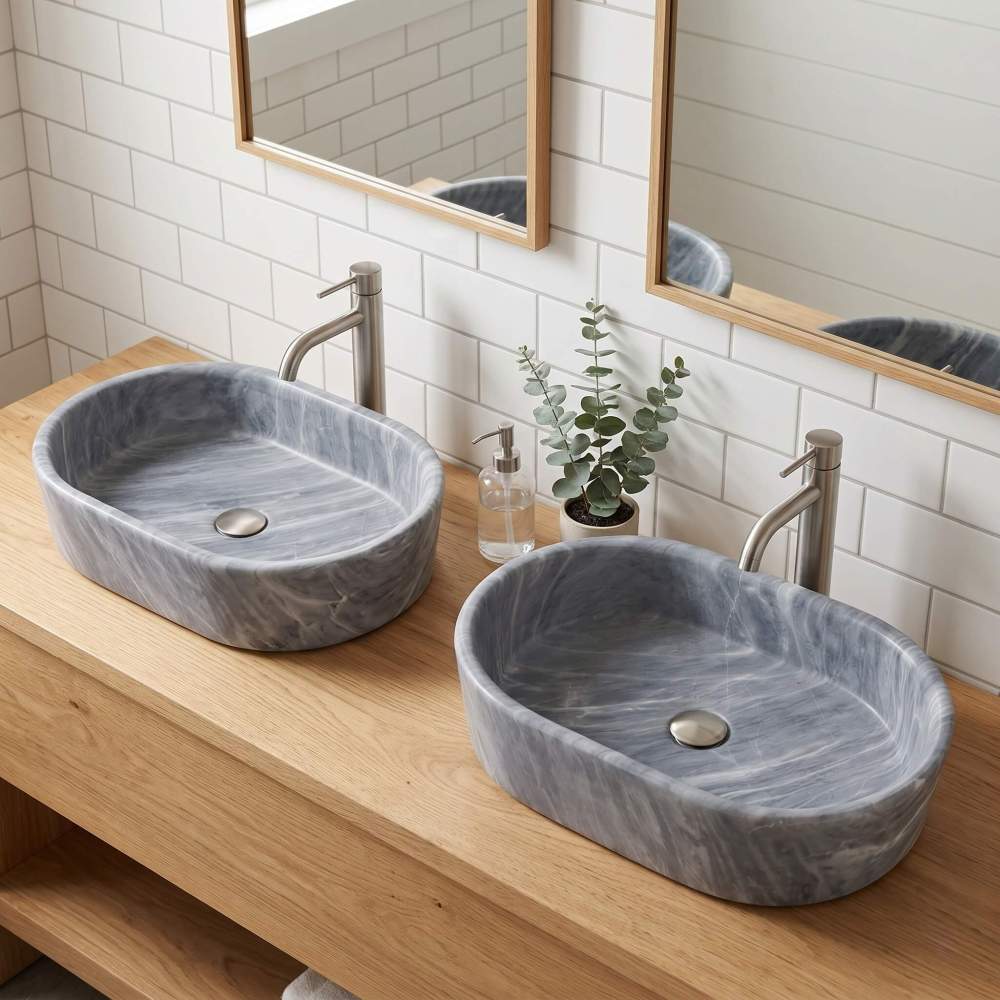 Two oval Carrara gray marble vessel sinks on raw oak vanity against white subway tile with brushed nickel faucets and eucalyptus.