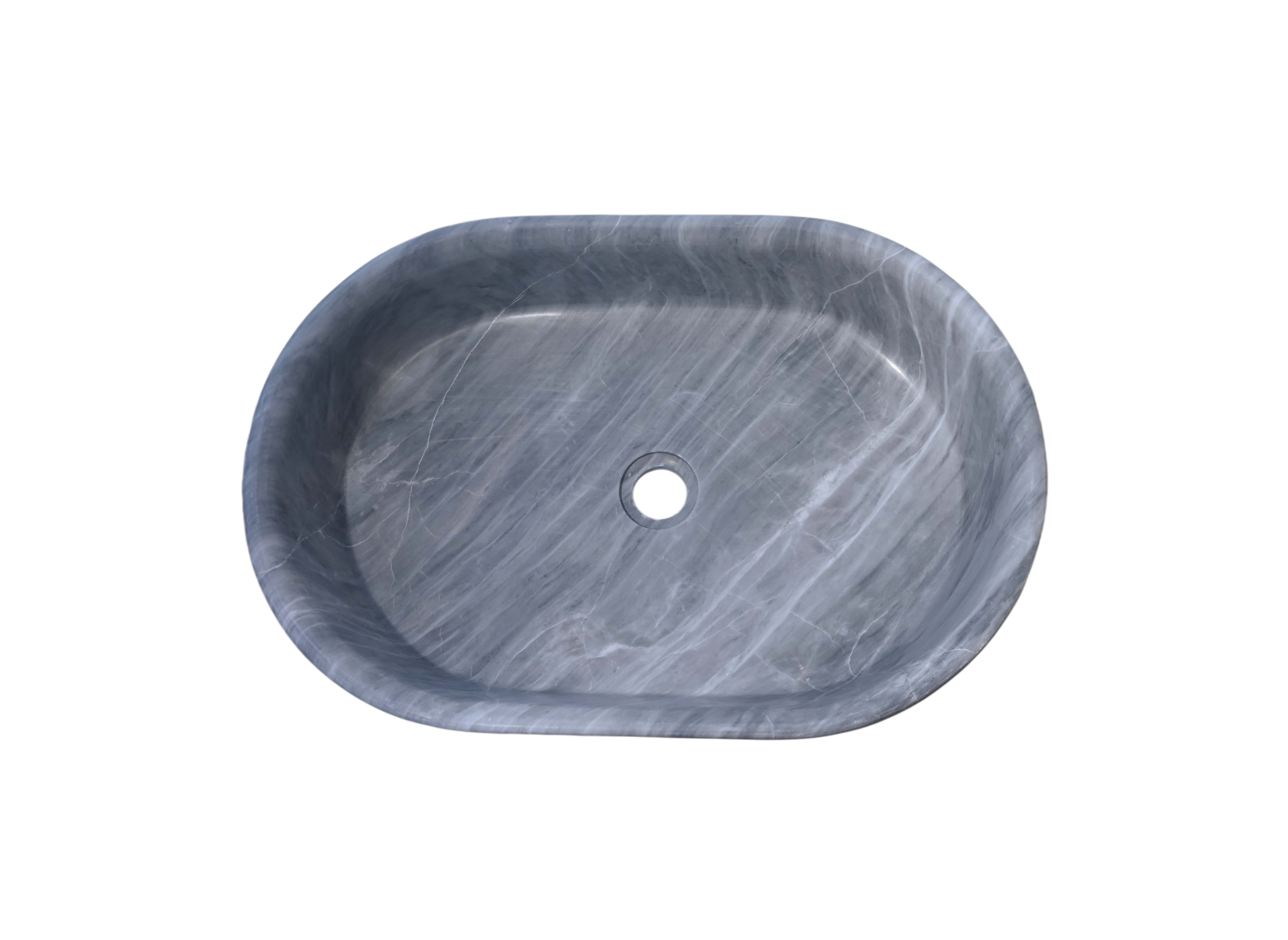 Top-down view of oval Carrara gray marble vessel sink, 600x400mm footprint with center 45mm drain opening and natural veining displayed across honed basin.