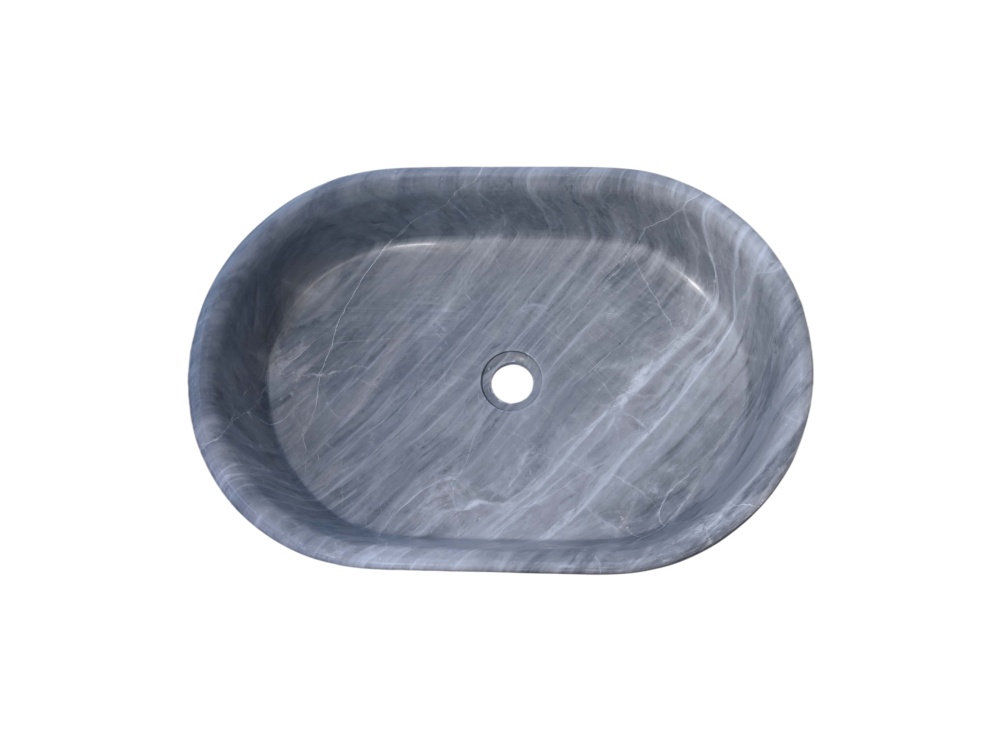 Top-down view of oval Carrara gray marble vessel sink, 600x400mm footprint with center 45mm drain opening and natural veining displayed across honed basin.
