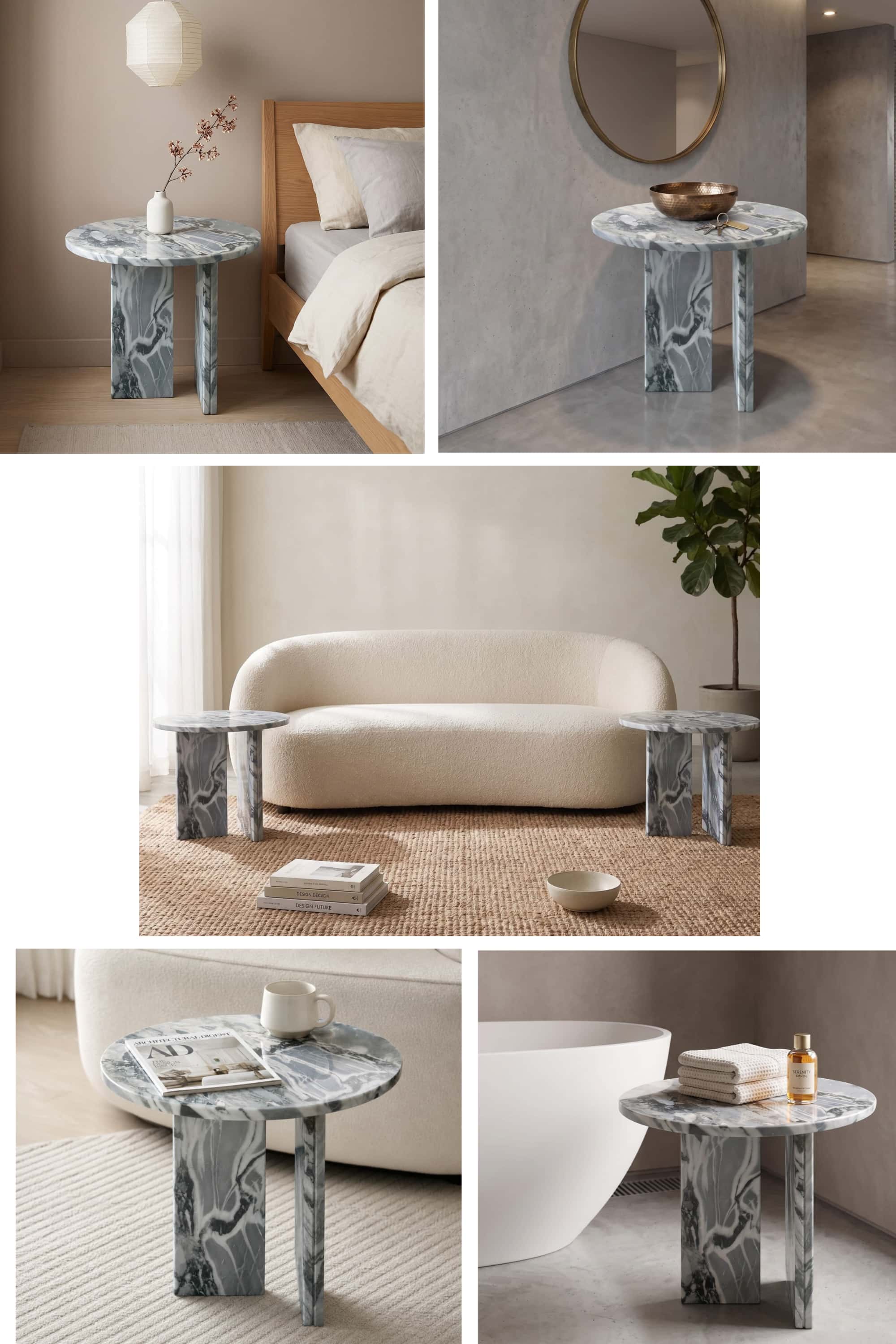 Cloudy blue marble side table styled across five rooms: bedside nightstand, entryway console, paired living room set, and bathroom shelf.