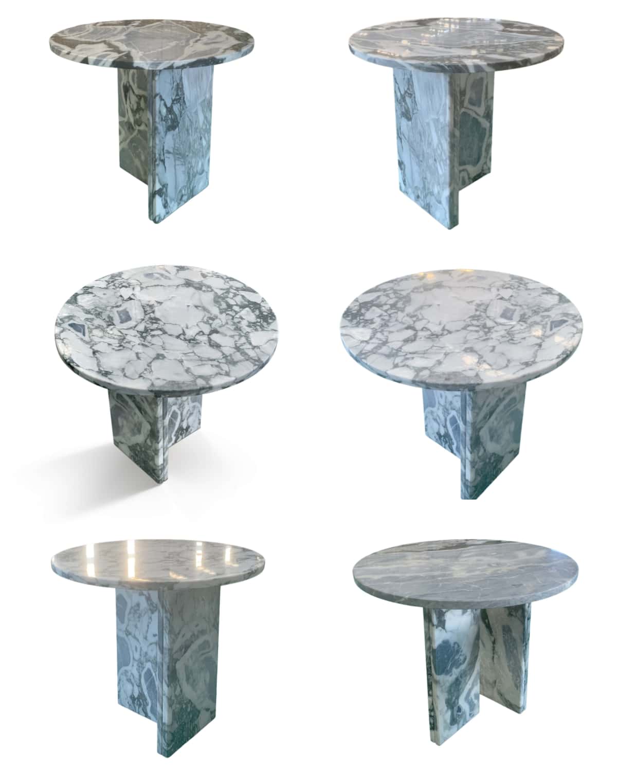 Six cloudy blue natural marble side tables shown side by side, each with unique veining pattern proving no two pieces are identical.