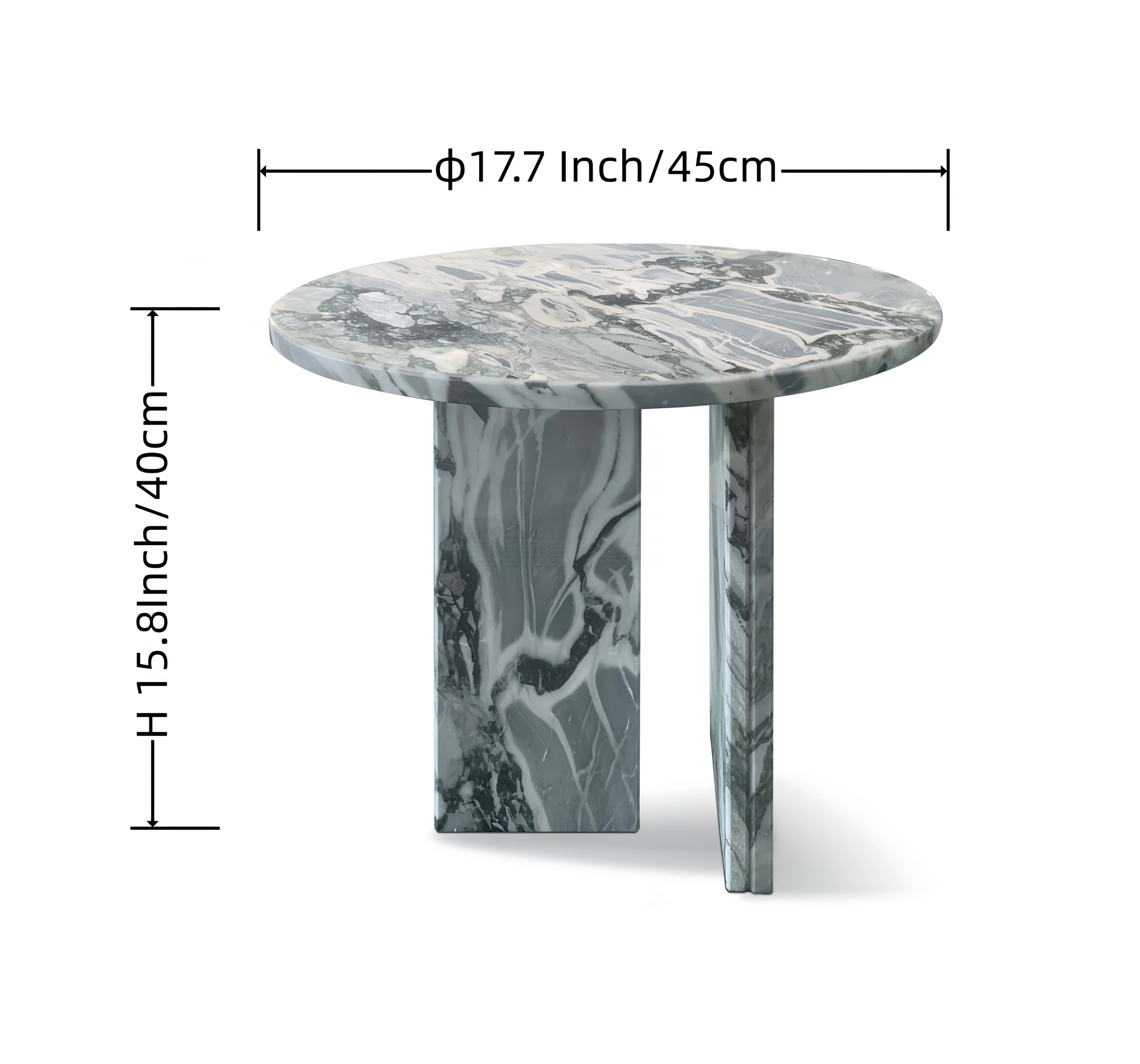 Dimension diagram of cloudy blue marble side table showing &Oslash;17.7 inch / 45cm diameter top and 15.8 inch / 40cm overall height.