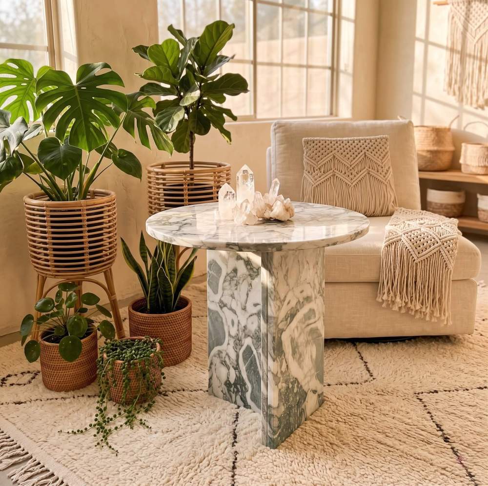 Cloudy blue marble side table in bohemian living room with monstera, fiddle-leaf fig, macrame pillow, and clear quartz crystal cluster display.