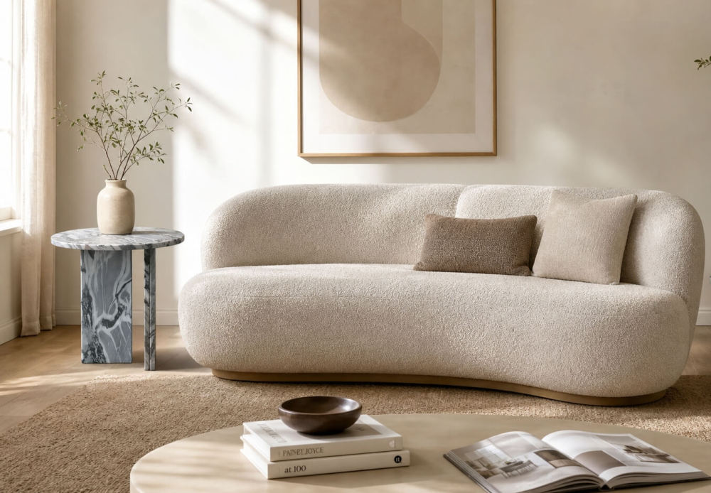 Cloudy blue marble side table beside curved bouclé sofa, styled with ceramic vase and olive branches in warm minimalist living room.