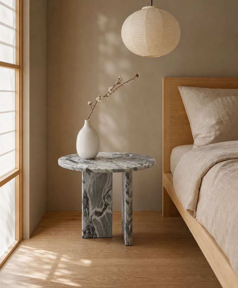 Cloudy blue marble side table as bedside nightstand in Japandi bedroom with oak bed, paper lantern, and cherry blossom branch.