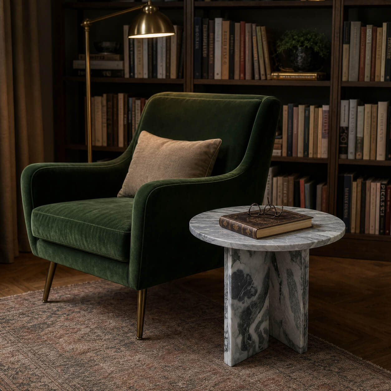 Cloudy blue marble side table in classic library reading nook with green velvet armchair, oak bookshelf, Persian rug, and antique book.