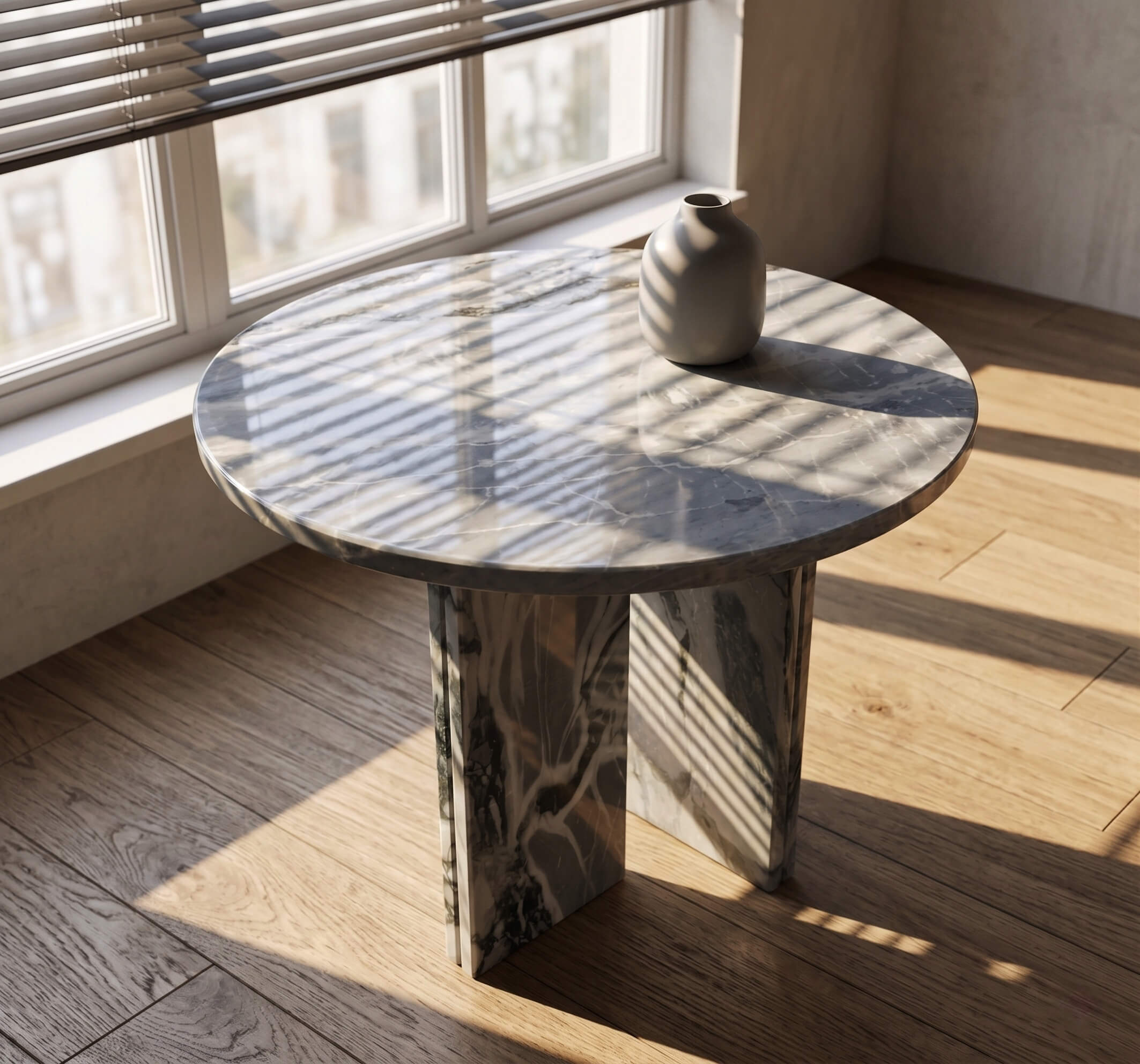 Cloudy blue marble side table by window with venetian blind shadow patterns cast on polished surface, oak floor, ceramic vase styling.