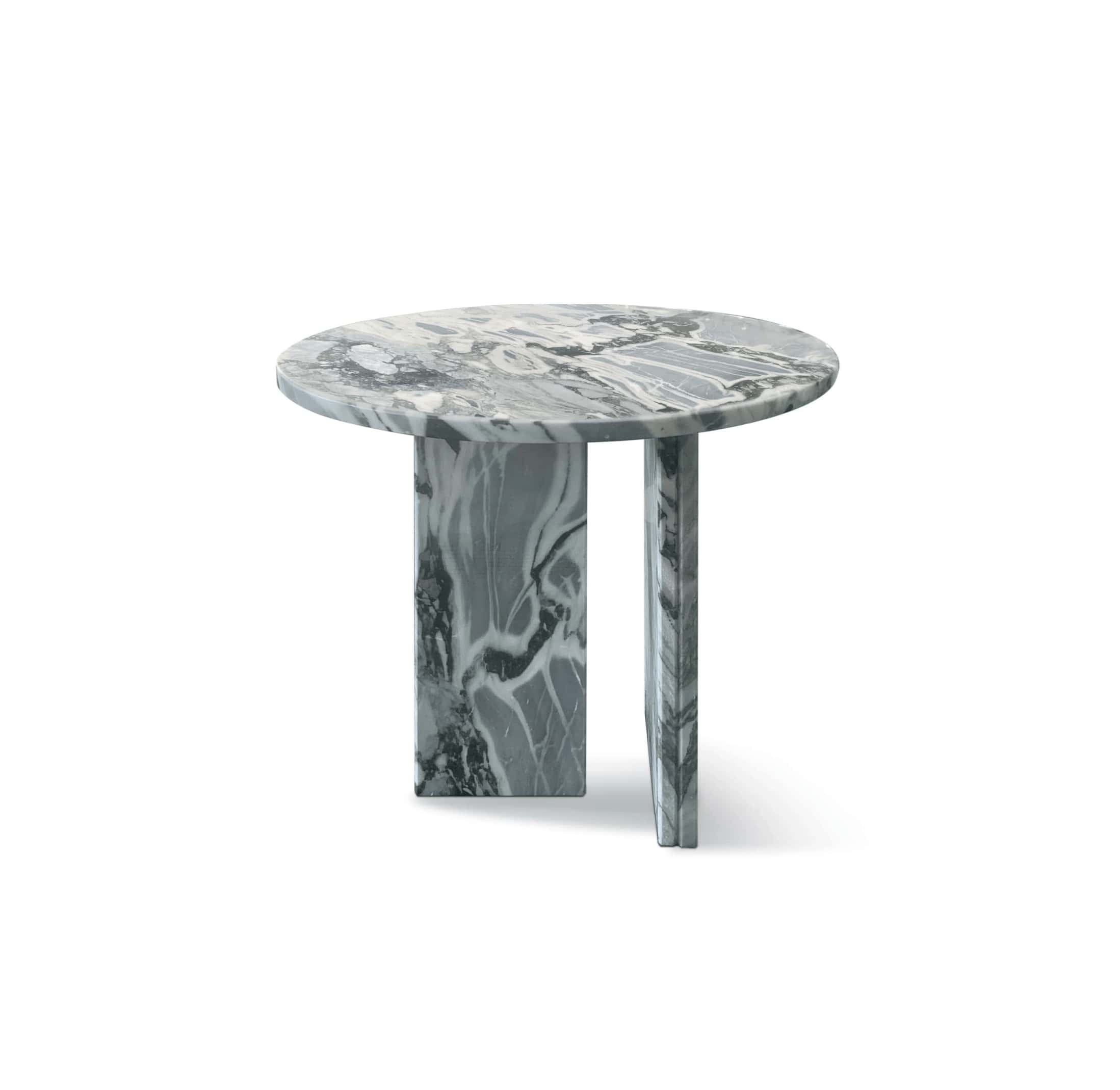 Round cloudy blue natural marble side table, polished surface, 17.7-inch diameter, twin-slab cross-base, front view showing swirling veining.