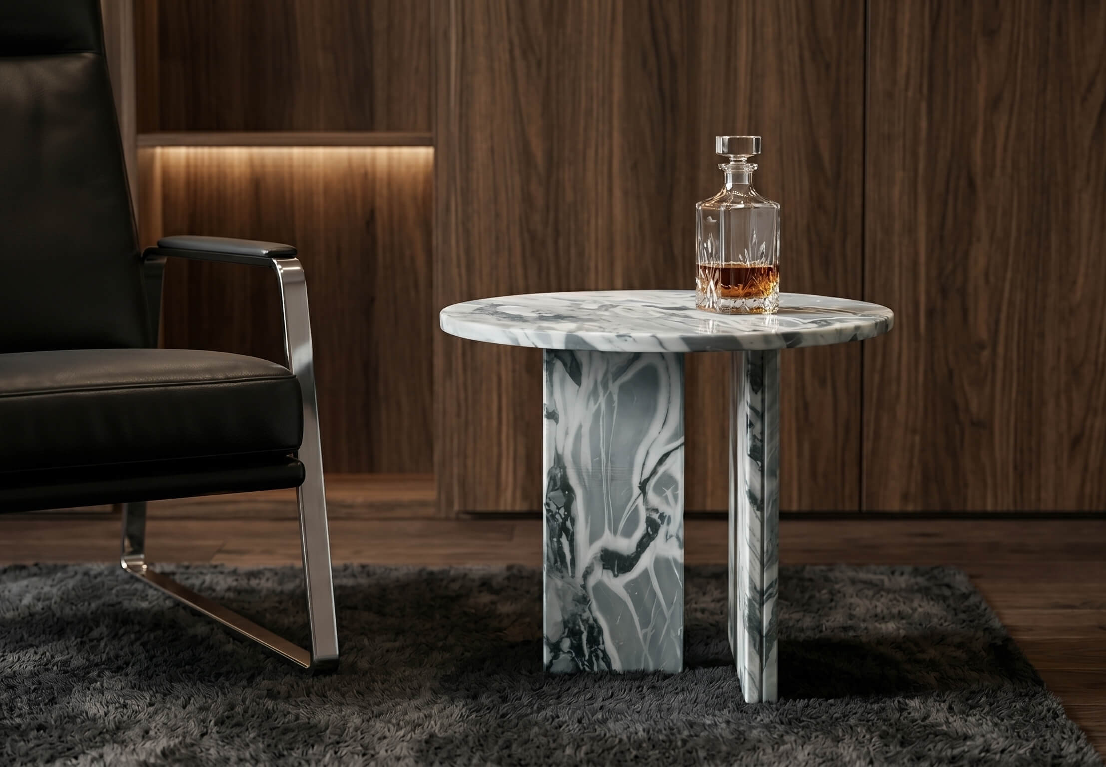 Cloudy blue marble side table styled in mid-century lounge with walnut paneling, black leather armchair, and crystal whisky decanter.