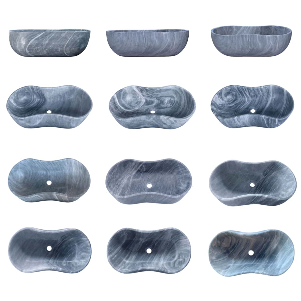 Twelve individual Carrara gray marble vessel sinks shown from side and top views, demonstrating unique natural veining variations across each block-carved piece.