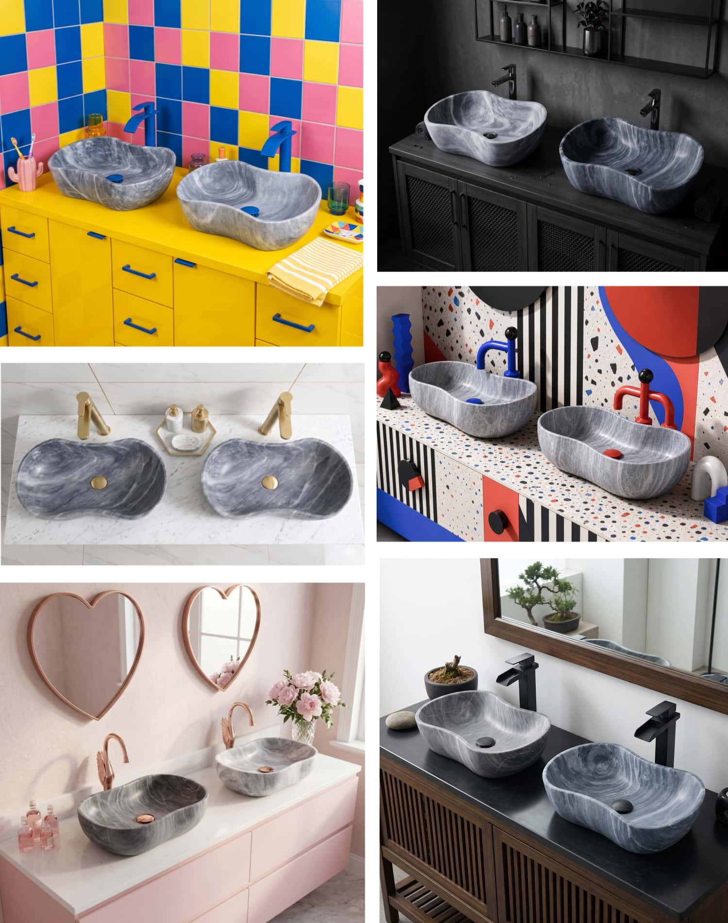 Six double-sink bathroom styling variations featuring the Carrara gray marble vessel sink across pop-art, industrial, glam and romantic interiors.