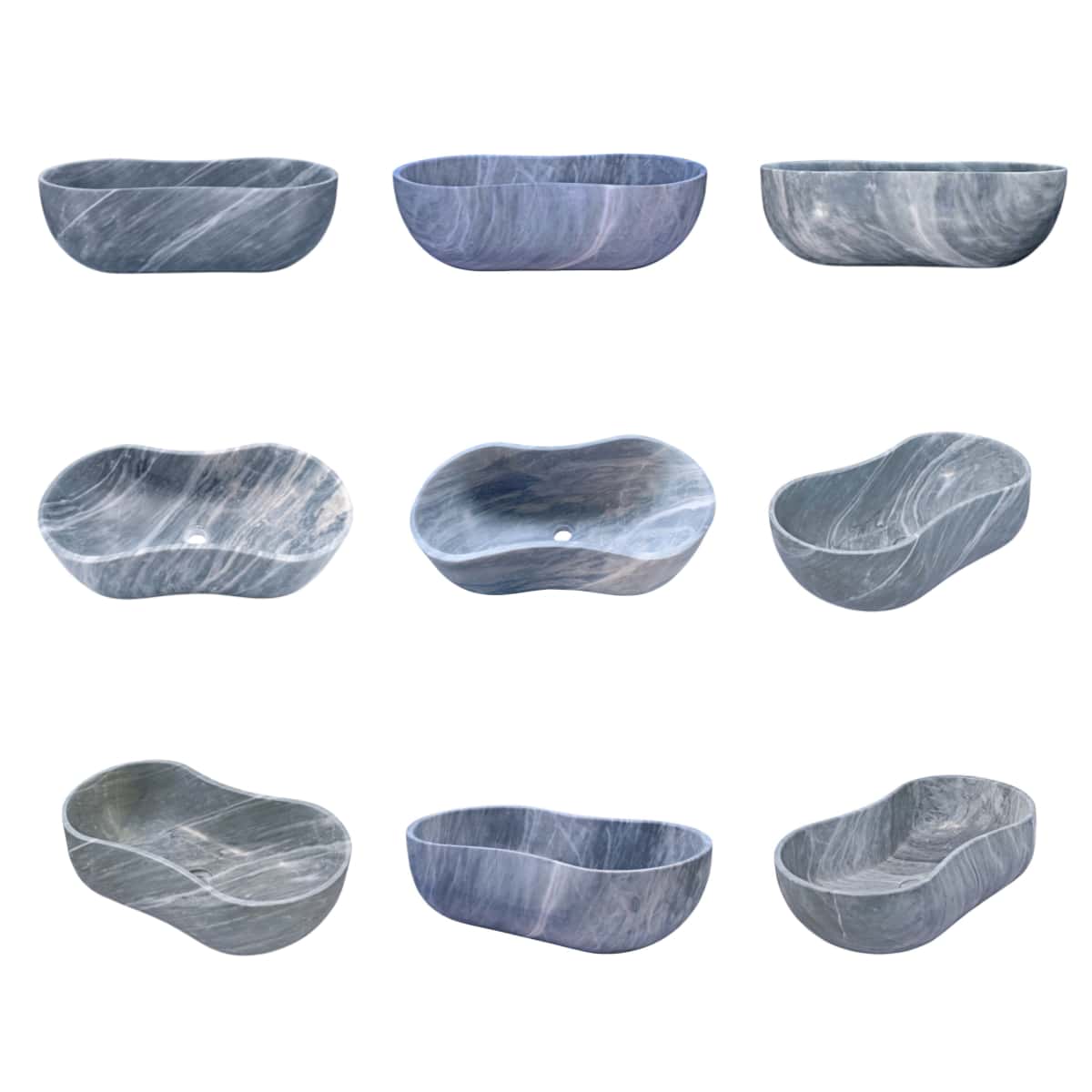 Multiple Carrara gray marble vessel sinks in side, top and angled views displaying natural color and pattern variations across individual units.