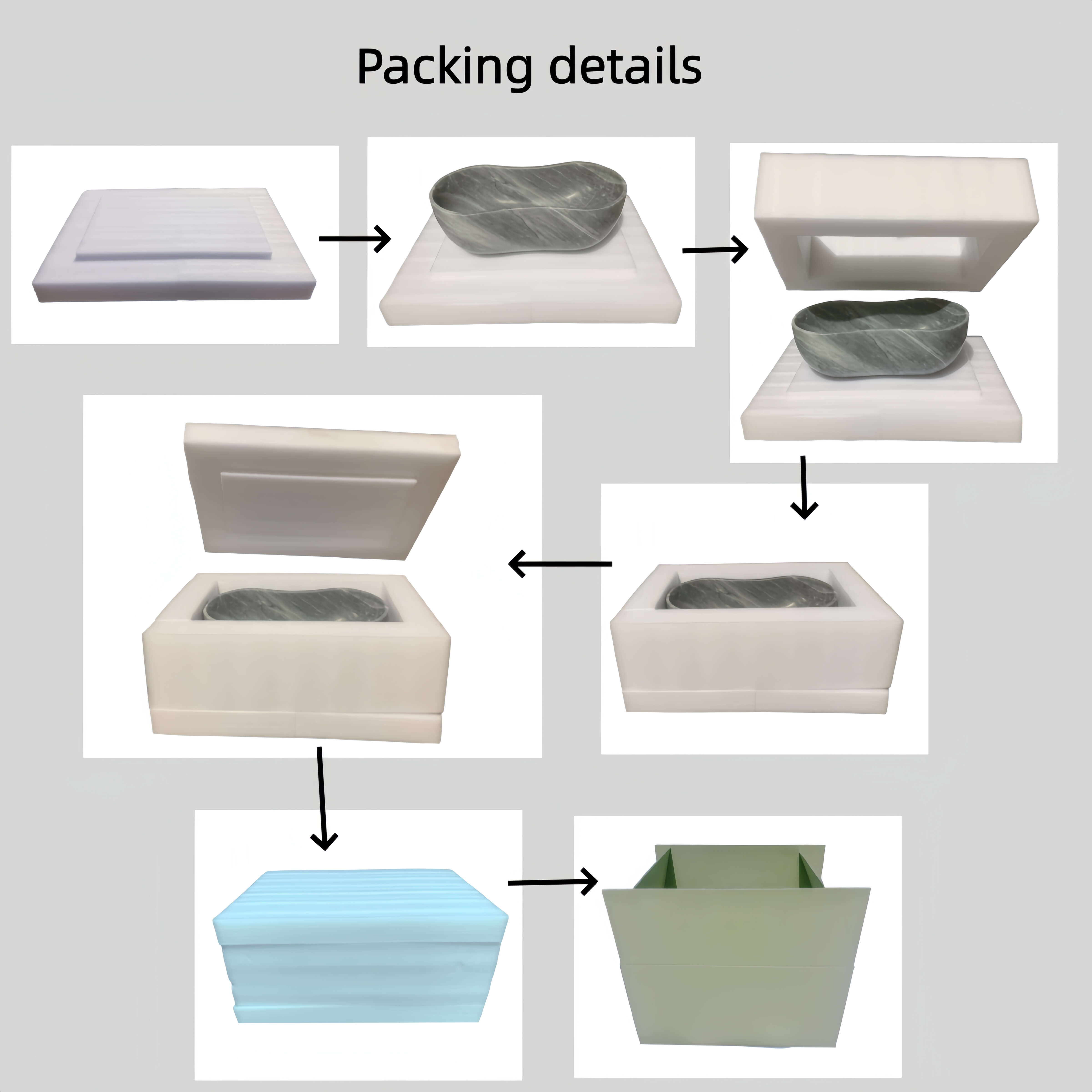 Seven-step protective packaging for Carrara gray marble vessel sink: EPE foam cradle, edge reinforcement, stretch wrap and corrugated outer carton.