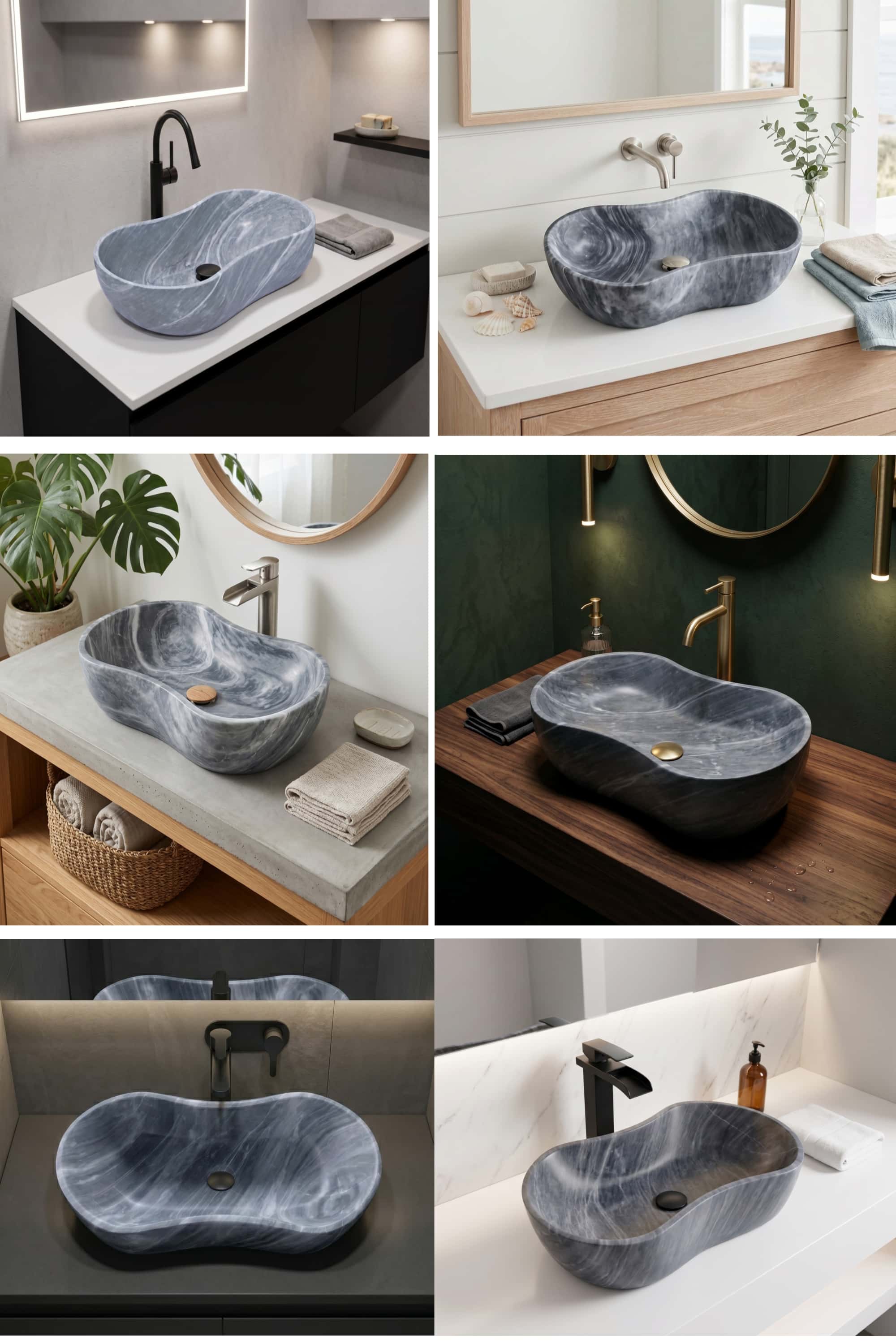 Six single-sink bathroom styling variations featuring the Carrara gray marble vessel sink across modern, coastal, tropical and traditional interiors.