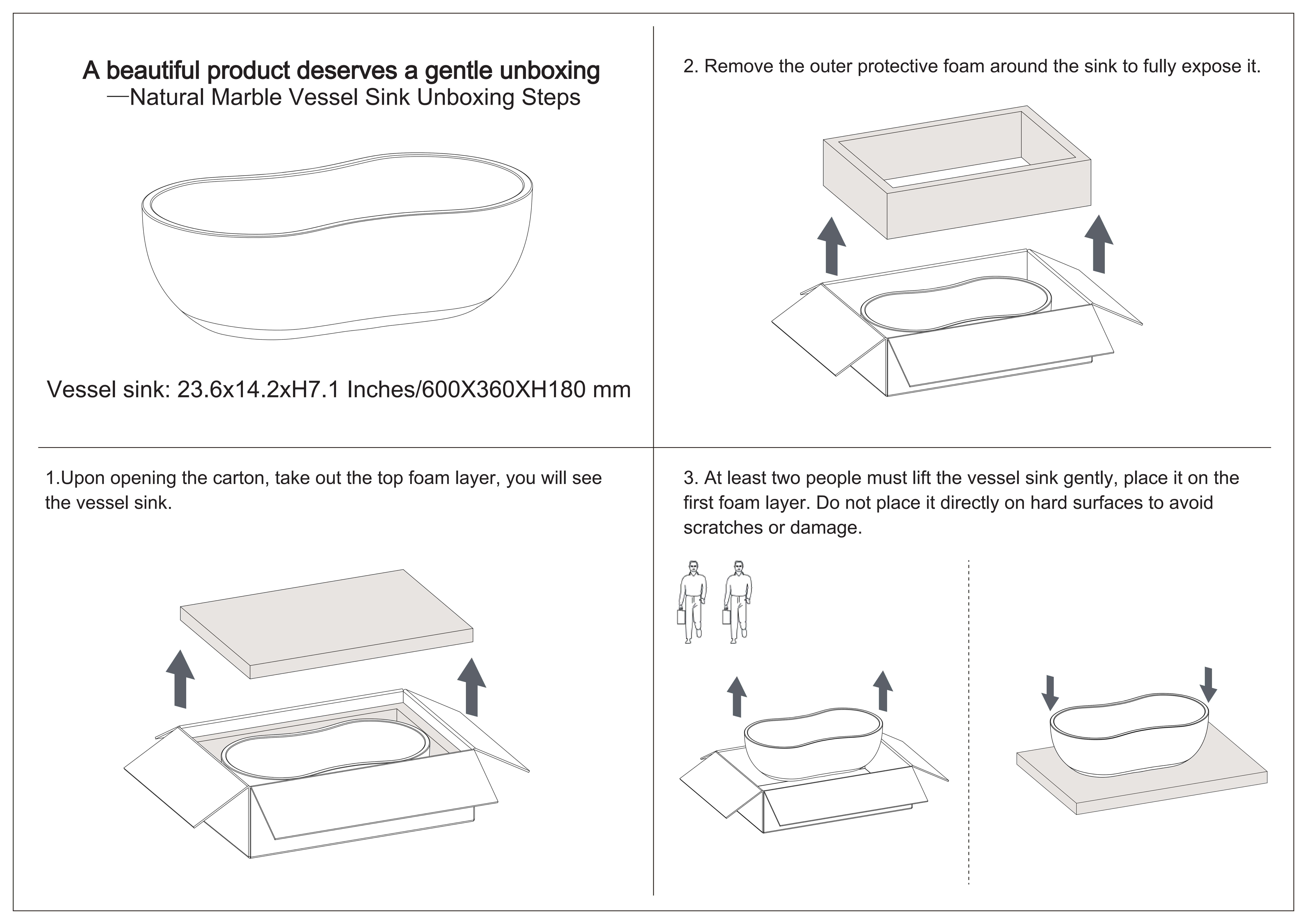 Step-by-step unboxing and handling guide for natural marble vessel sinks, emphasizing gentle placement and two-person lifting for safety.