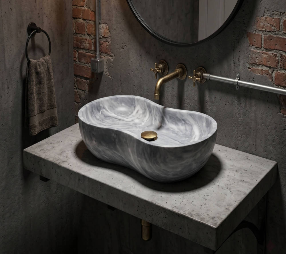 Carrara gray marble vessel sink with vintage brass faucet on concrete floating slab against exposed brick wall in a brutalist industrial loft bathroom.