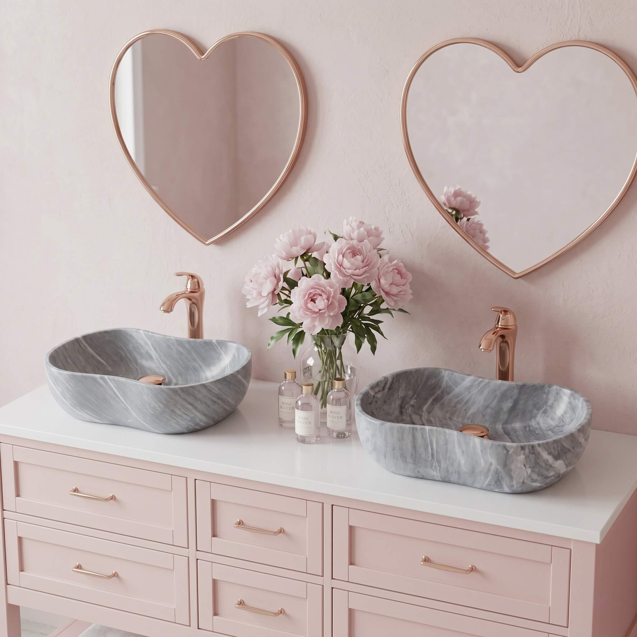 Two Carrara gray marble vessel sinks with rose gold faucets and heart-shaped mirrors on blush pink vanity in a romantic coquette bathroom.