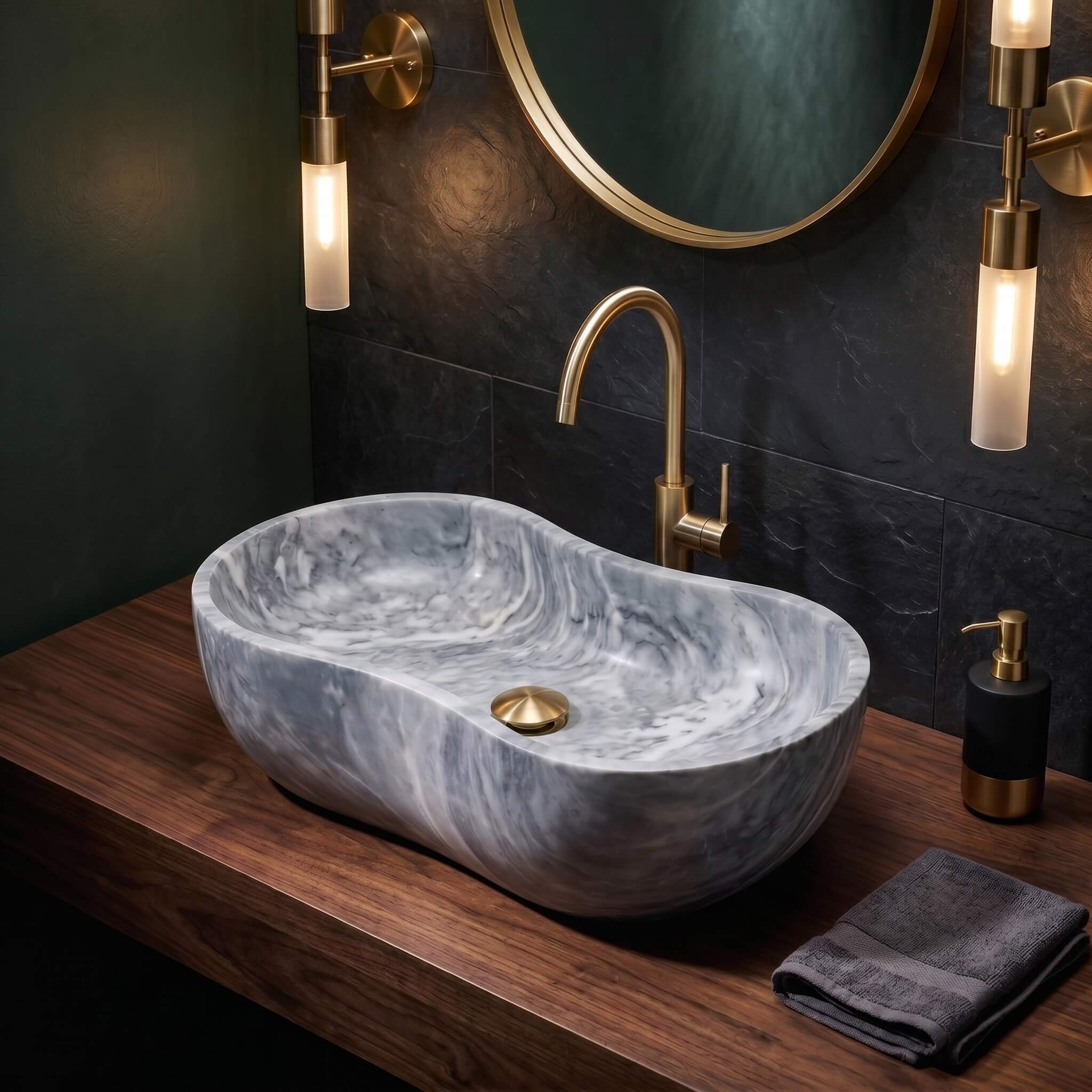Carrara gray marble vessel sink with brass faucet on walnut counter against deep green wall in a dark academia moody luxe bathroom setting.