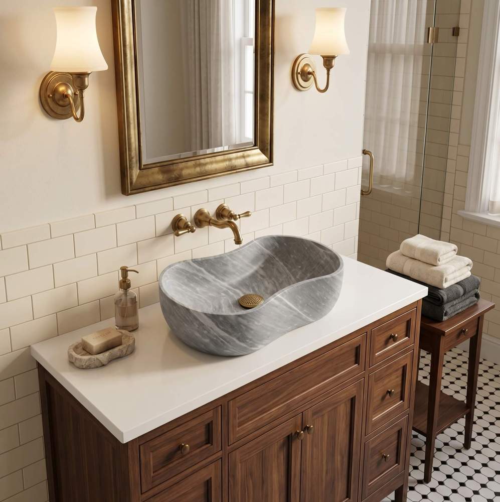 Carrara gray marble vessel sink with aged brass wall-mount faucet on walnut vanity and subway tile wall in a classic transitional heritage bathroom.