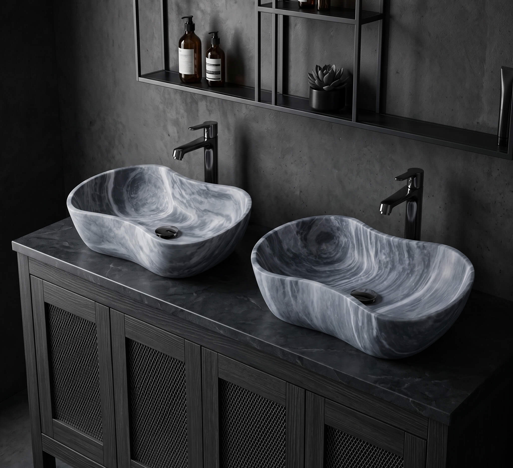 Pair of Carrara gray marble vessel sinks on dark stone counter with matte black faucets and concrete walls in an industrial dark loft bathroom.
