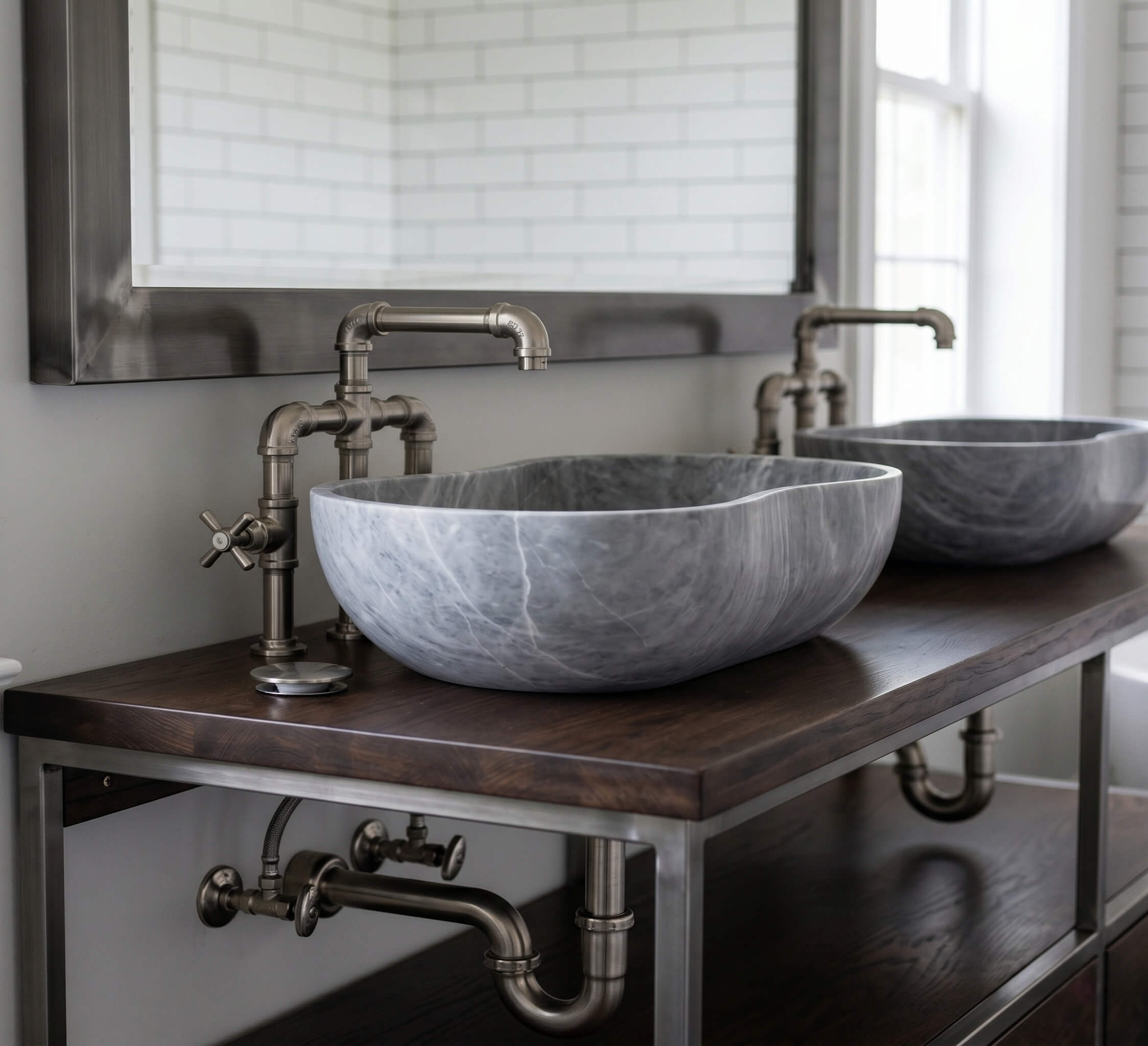 Carrara gray marble vessel sink with industrial galvanized pipe faucet on dark walnut counter in an industrial farmhouse urban loft bathroom.
