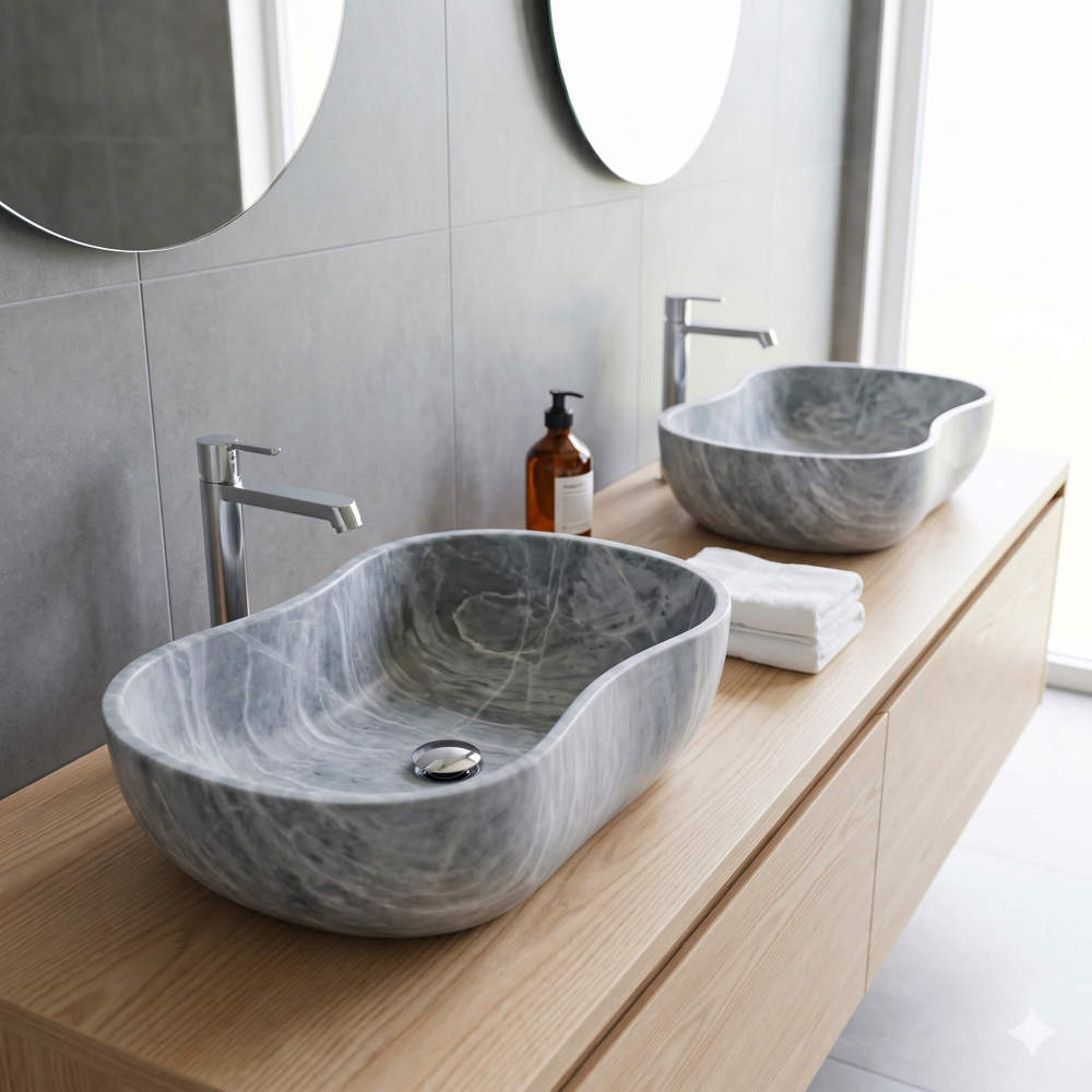 Pair of Carrara gray marble vessel sinks on light oak floating vanity with chrome faucets and oval mirrors in a Scandinavian minimalist bathroom.