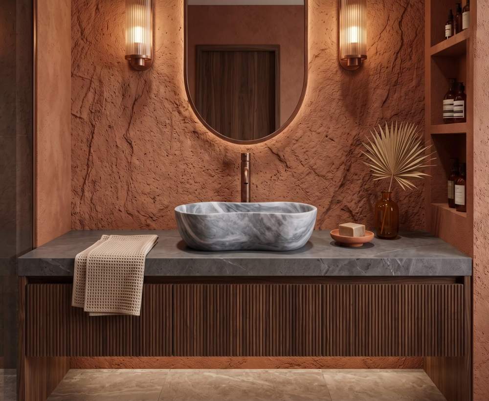 Carrara gray marble vessel sink paired with copper faucet on dark stone counter and fluted walnut vanity in a terracotta Moroccan-style bathroom.