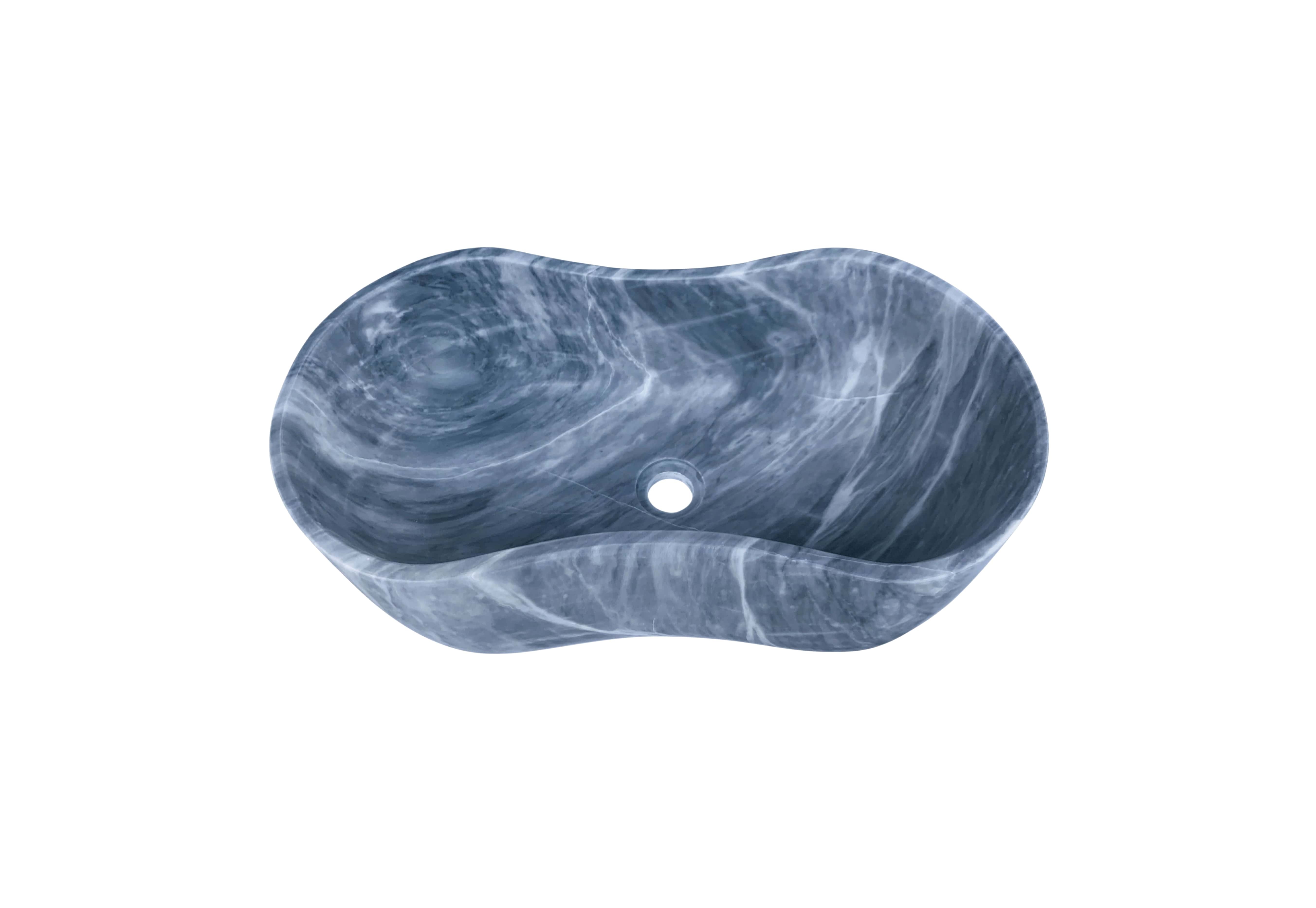 Carrara gray natural marble vessel sink with wavy peanut silhouette, honed finish, swirling white veining viewed from top with center drain hole.
