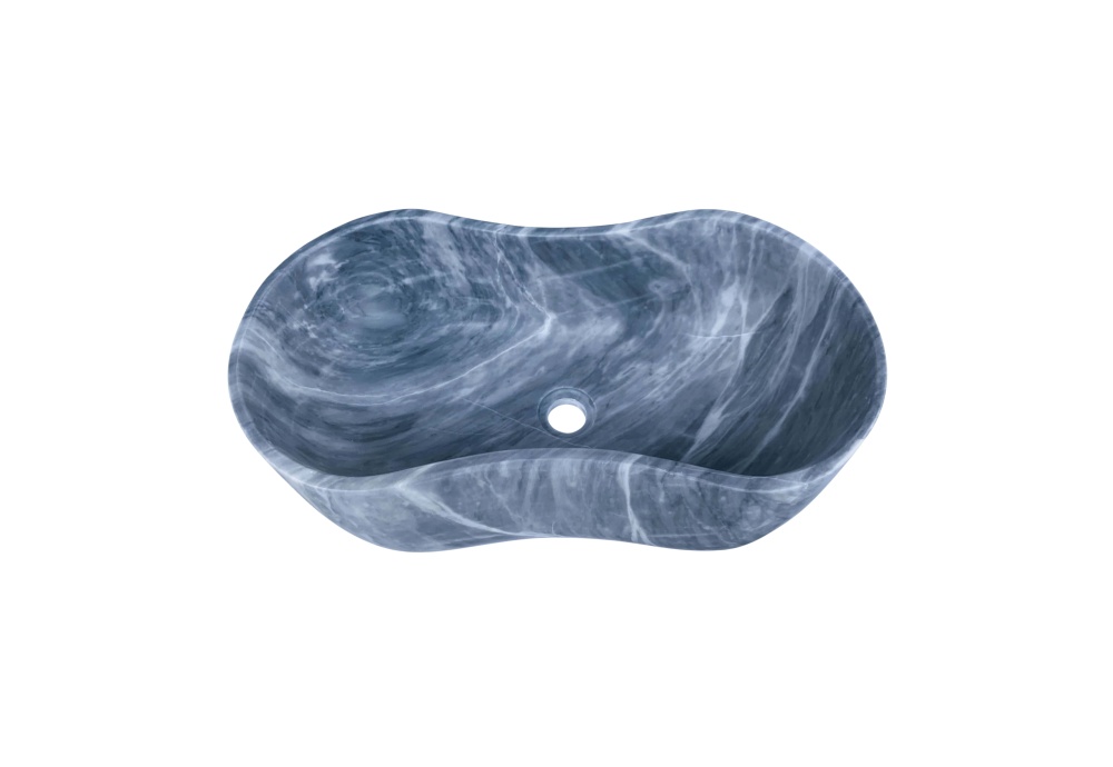 Carrara gray natural marble vessel sink with wavy peanut silhouette, honed finish, swirling white veining viewed from top with center drain hole.