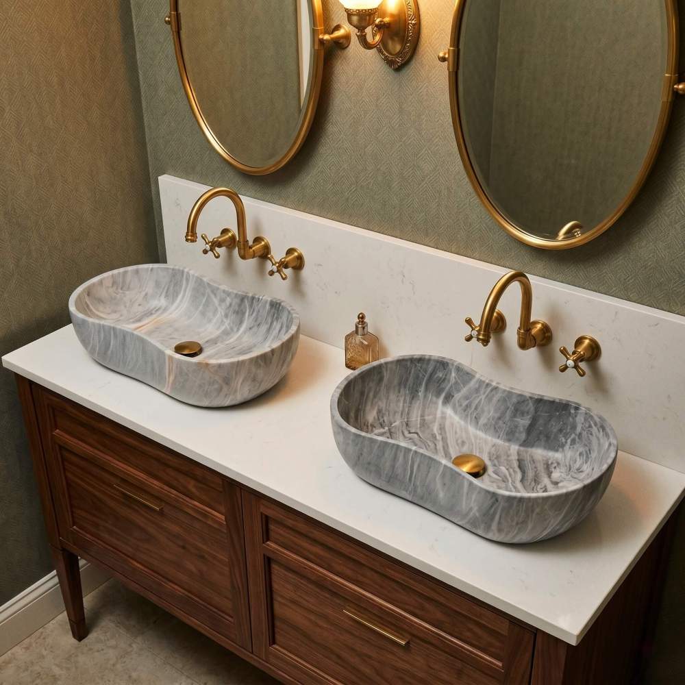 Carrara gray marble vessel sinks on white quartz counter with brass wall-mount faucets and walnut vanity in a traditional transitional bathroom.